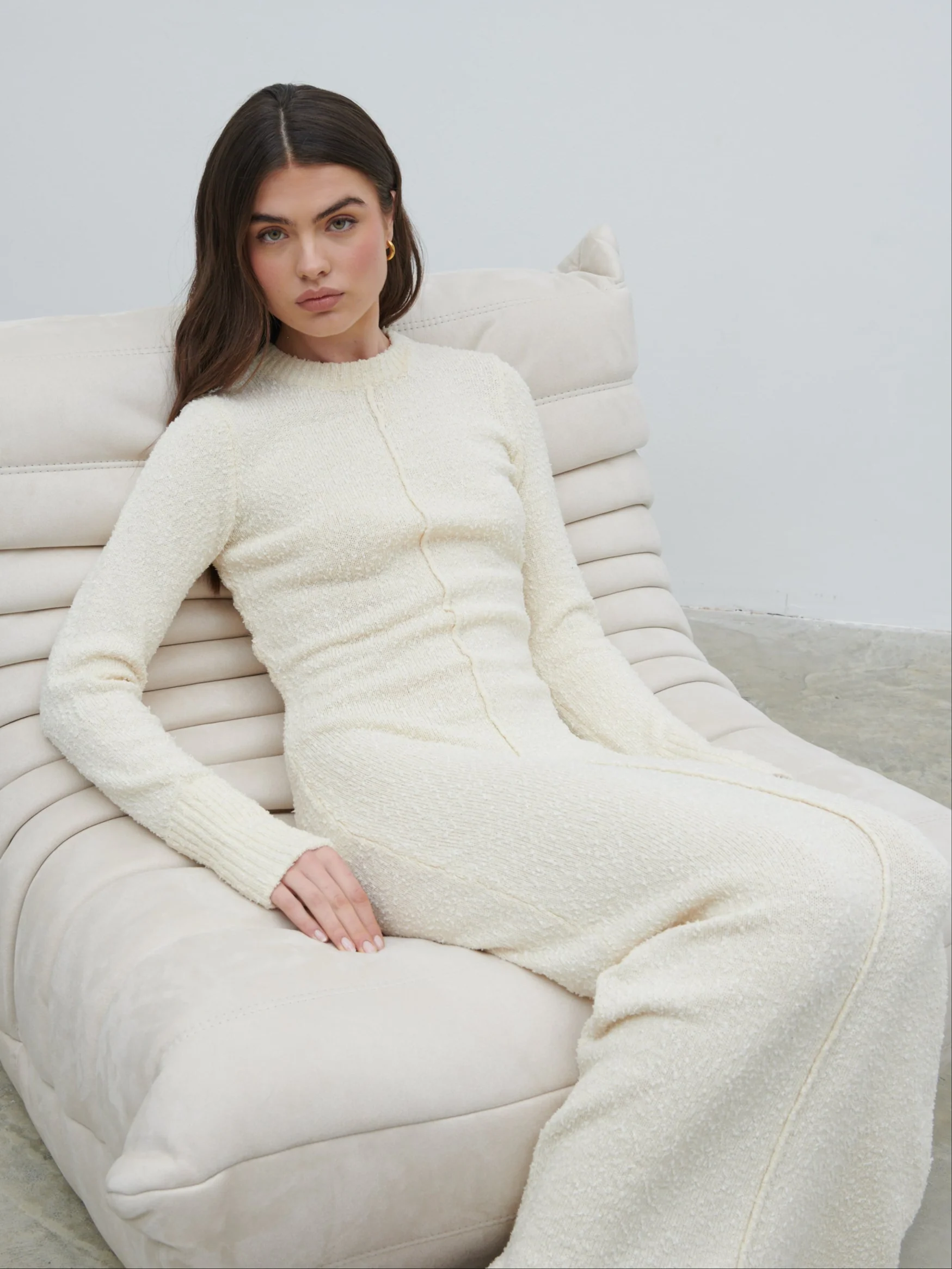 Nala Boucle Exposed Seam Knit Midaxi Dress - Cream - Image 4