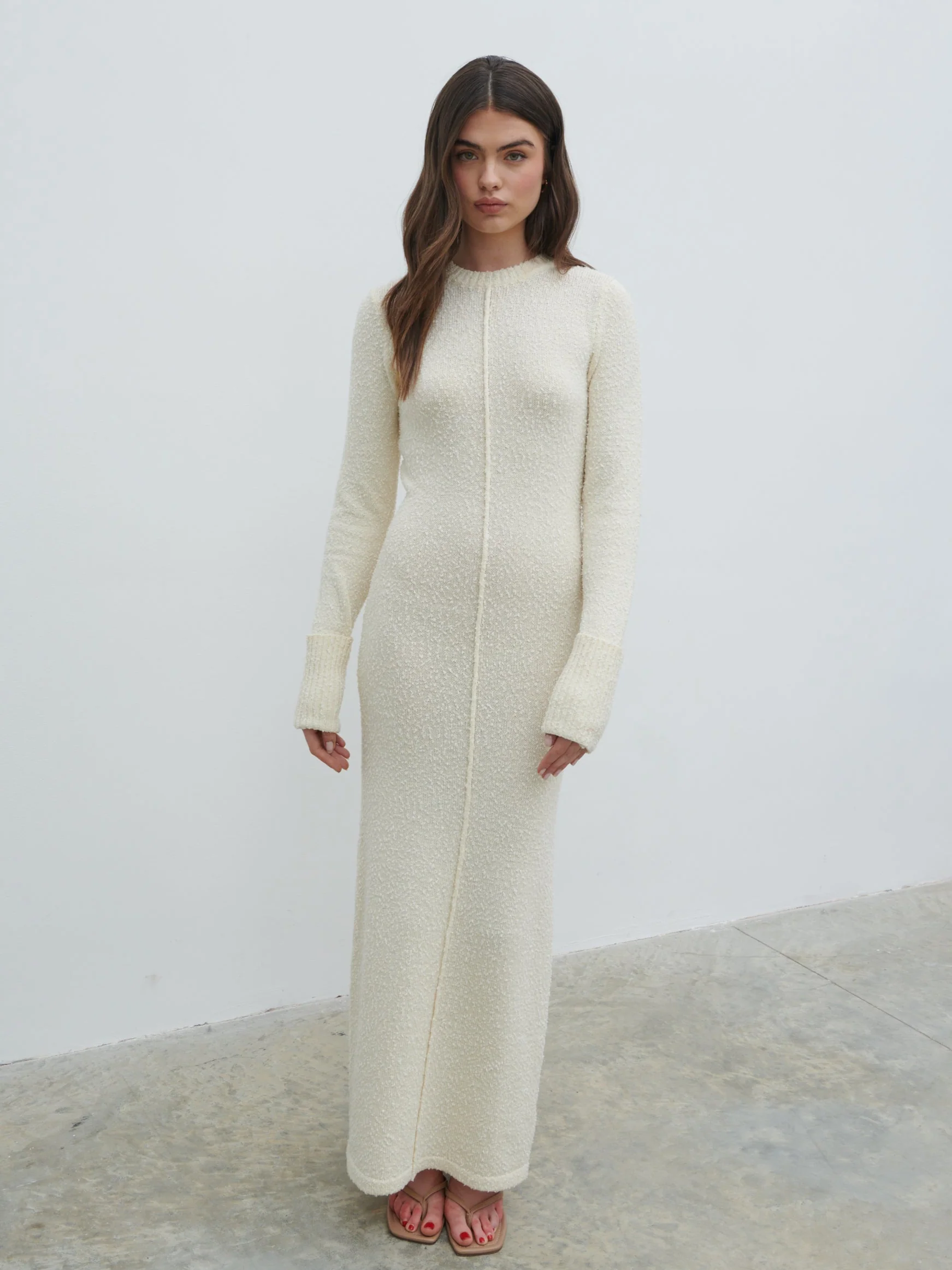 Nala Boucle Exposed Seam Knit Midaxi Dress - Cream - Image 6