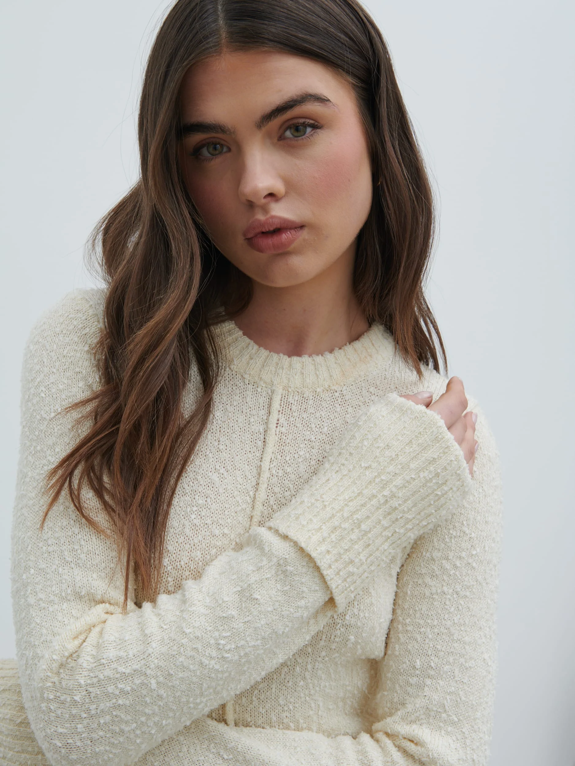 Nala Boucle Exposed Seam Knit Midaxi Dress - Cream - Image 7