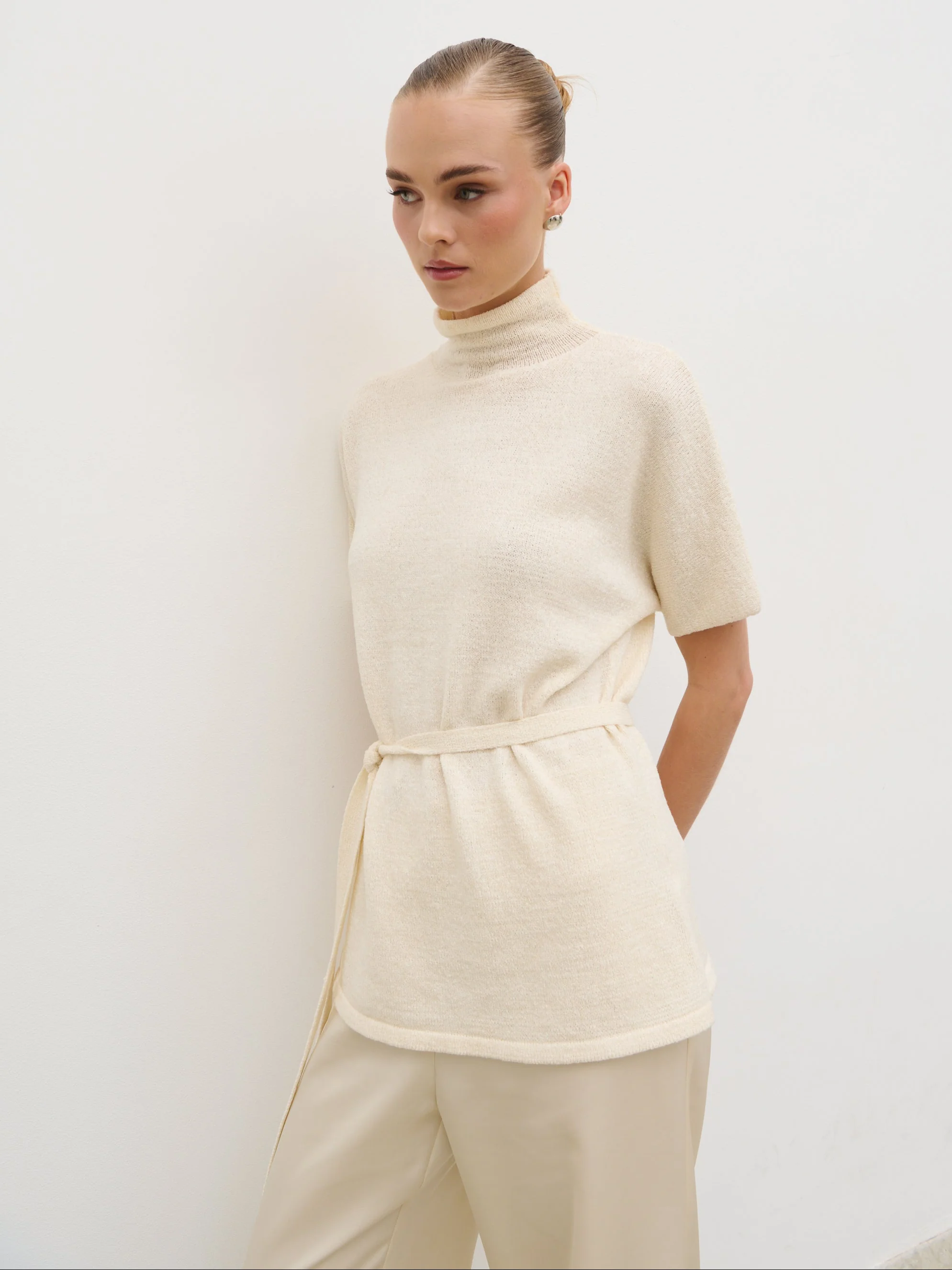 Nava Grown Neck Belted Knit Top - Cream - Image 2