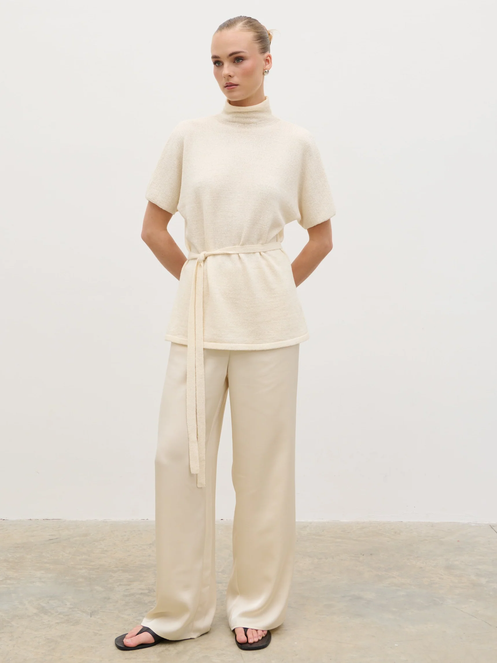 Nava Grown Neck Belted Knit Top - Cream - Image 4