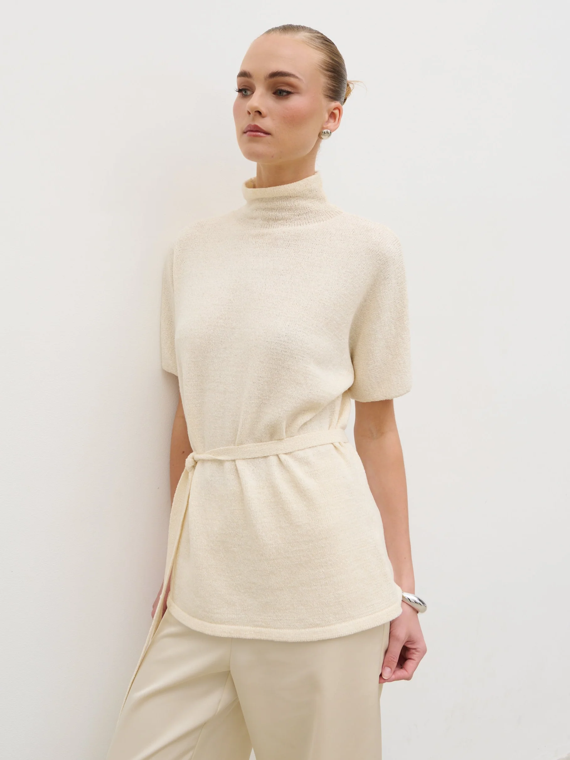 Nava Grown Neck Belted Knit Top - Cream - Image 6