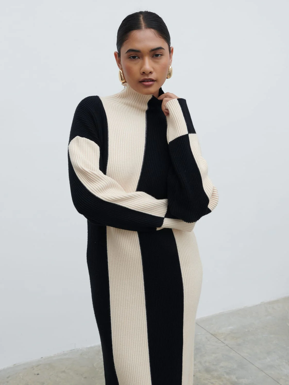 Nayah High Funnel Neck Knit Dress - Stripe - Image 6
