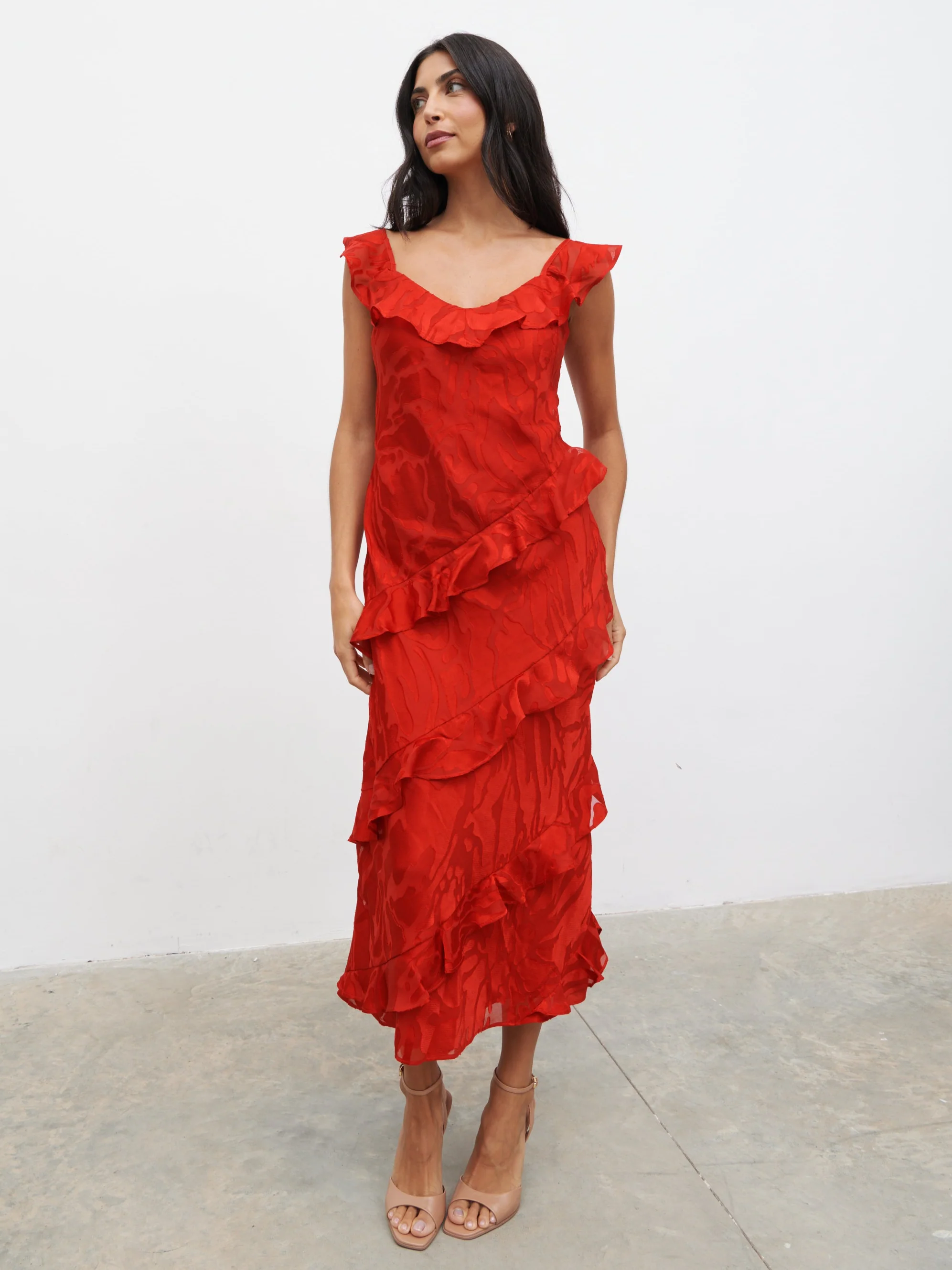 Neima Devore Frill Midaxi Dress - Red - Image 4
