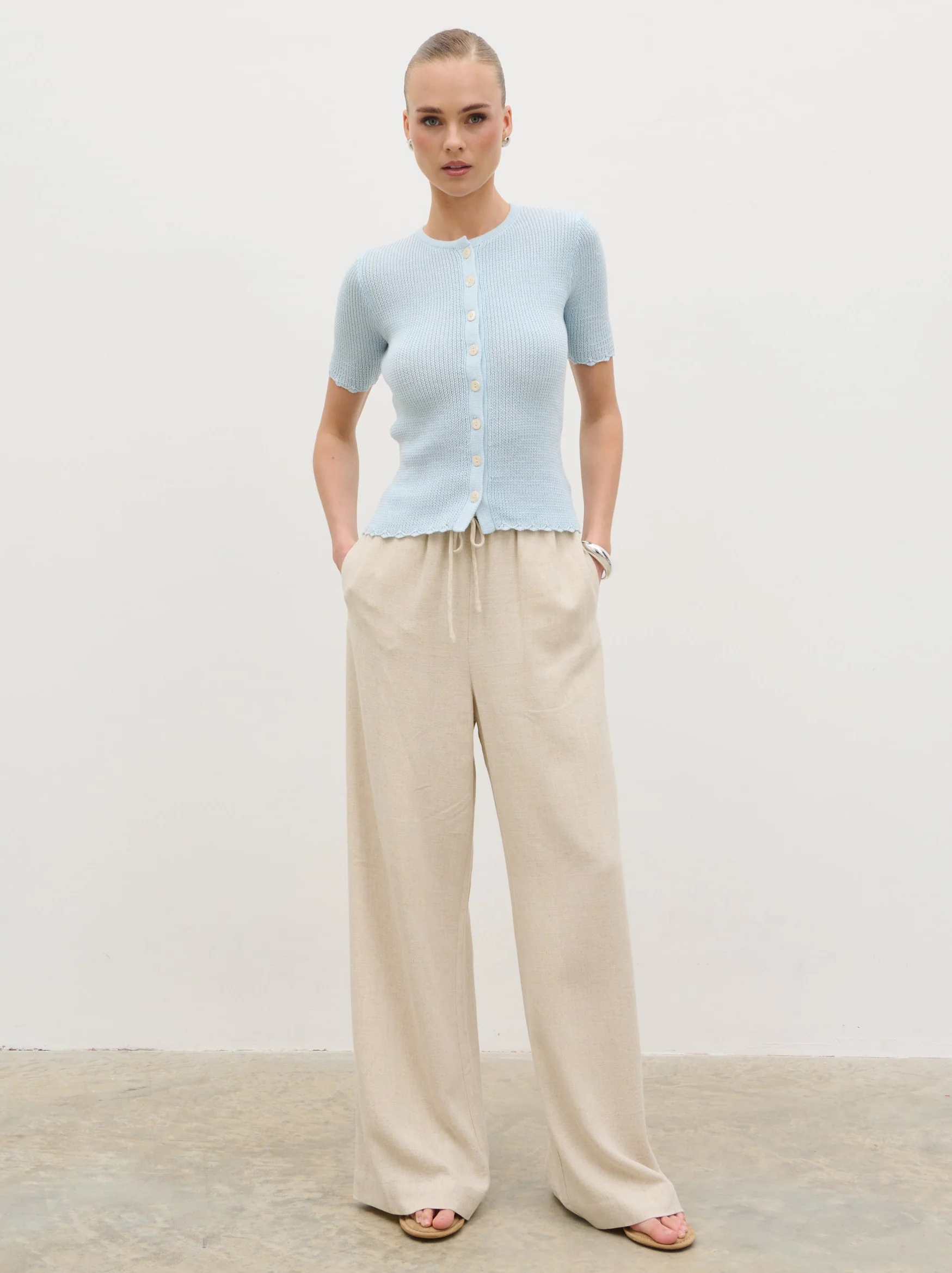 Nessa Wide Leg Linen Blend Trousers - Natural - Image 4