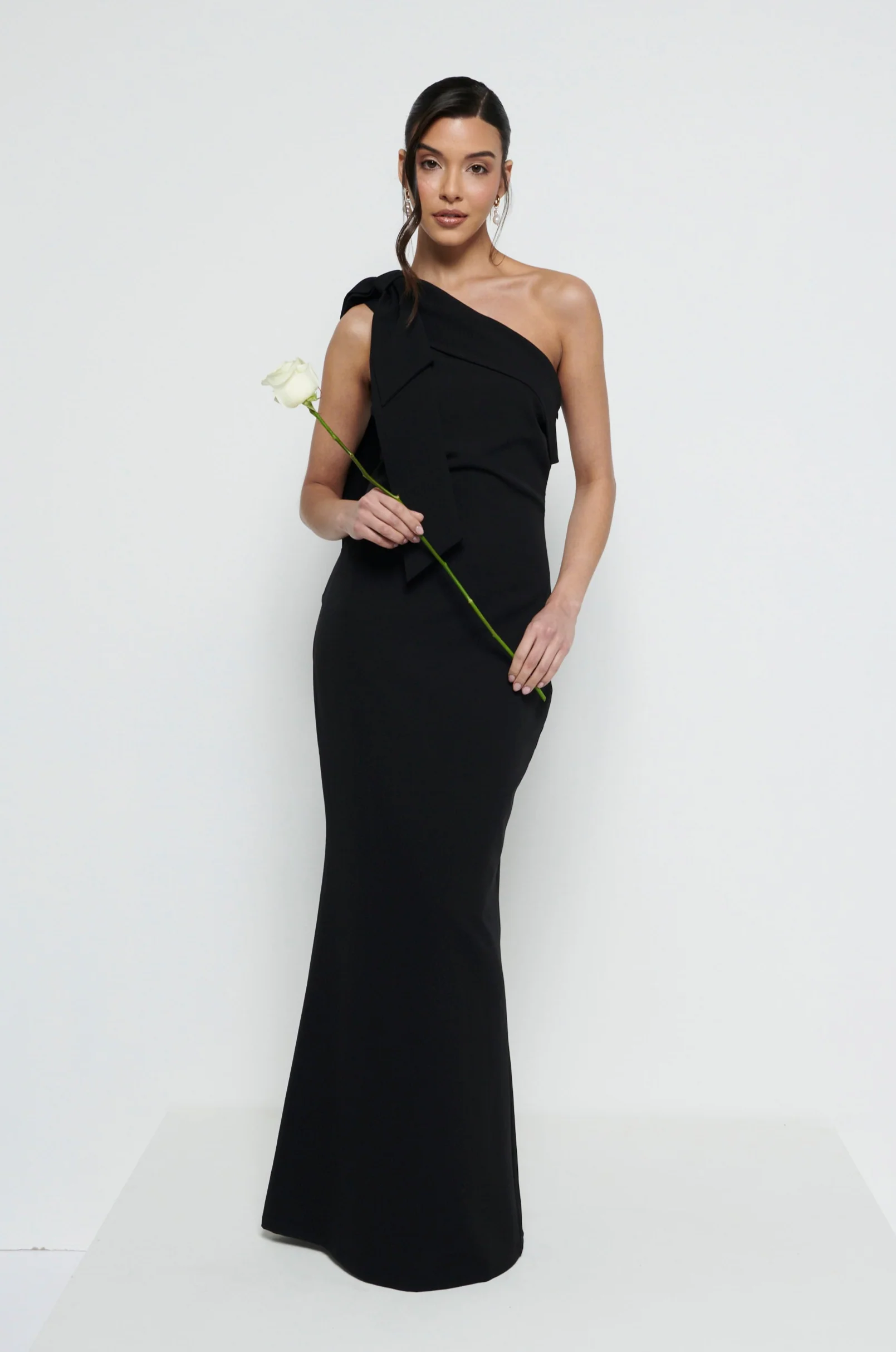 Nevaeh One Shoulder Crepe Maxi Bridesmaid Dress - Black - Image 4