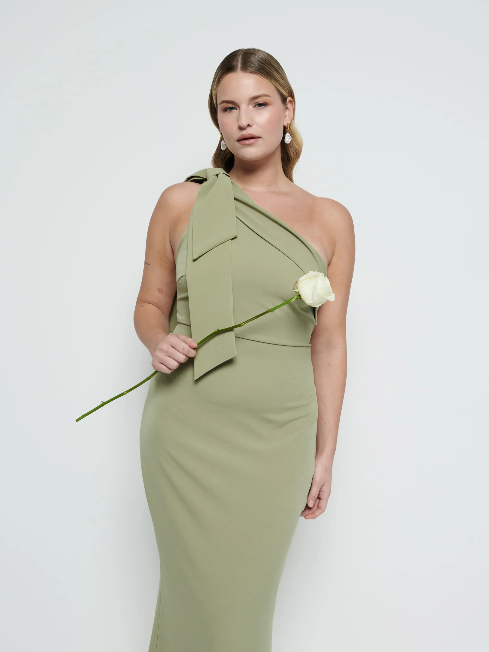 Nevaeh One Shoulder Crepe Maxi Bridesmaid Dress - Olive - Image 2
