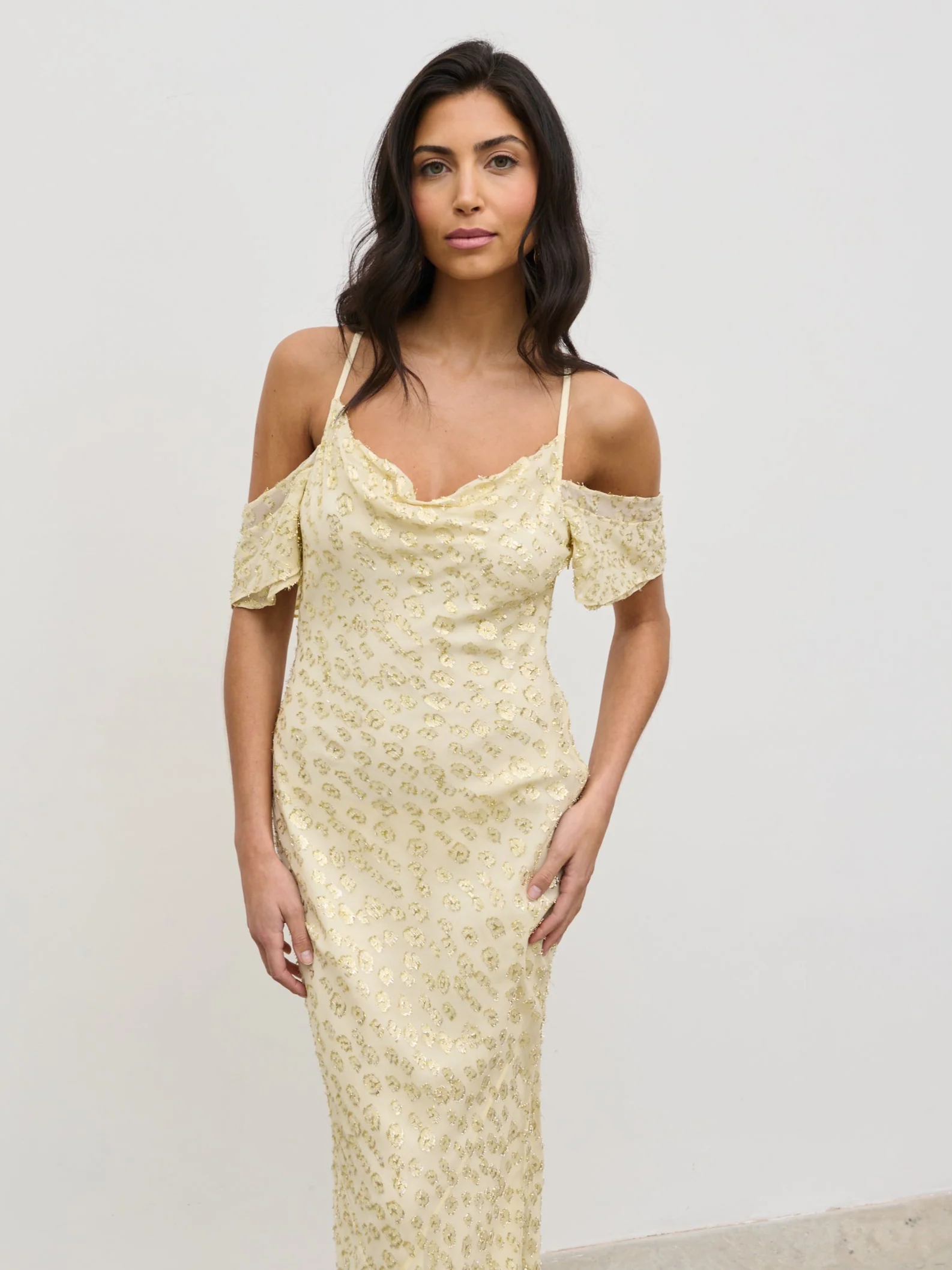 Nia Cold Shoulder Maxi Dress - Lemon - Image 3