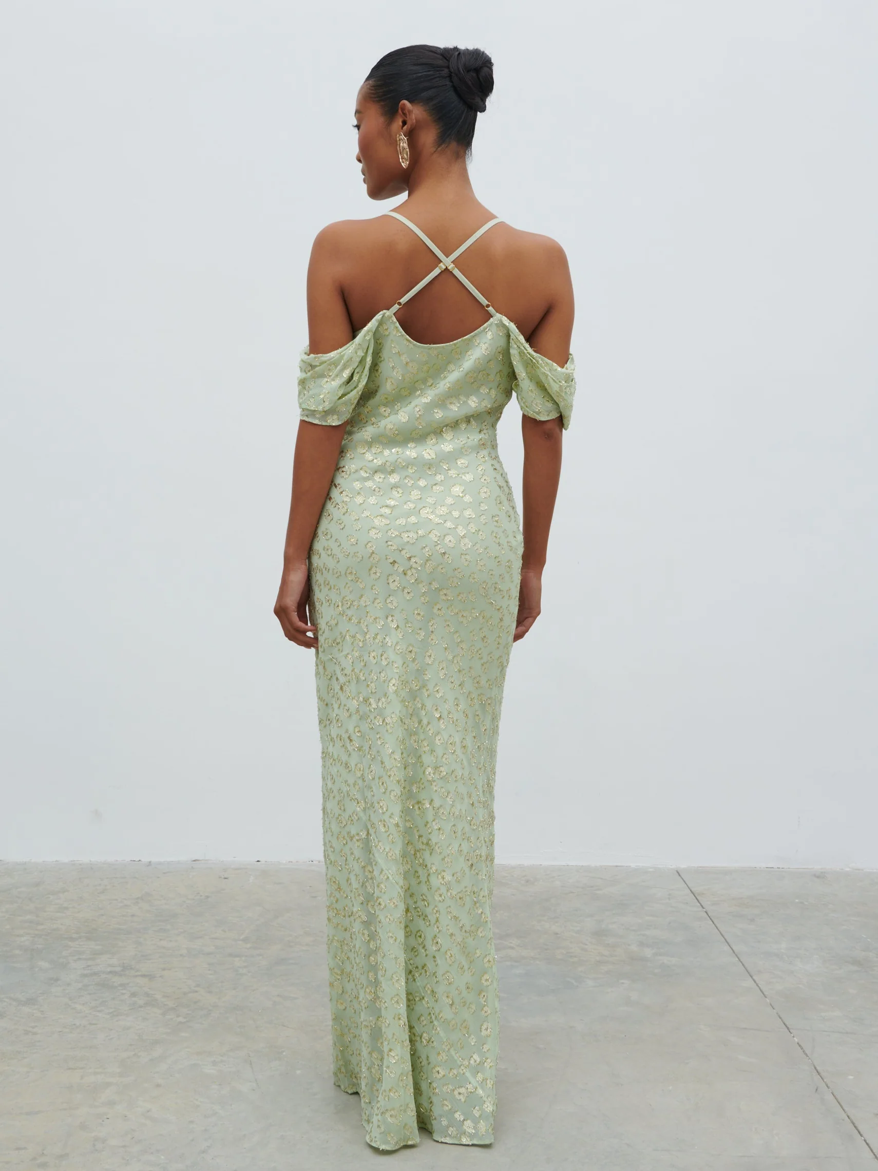 Nia Draped Cold Shoulder Maxi Dress - Pistachio Metallic - Image 3