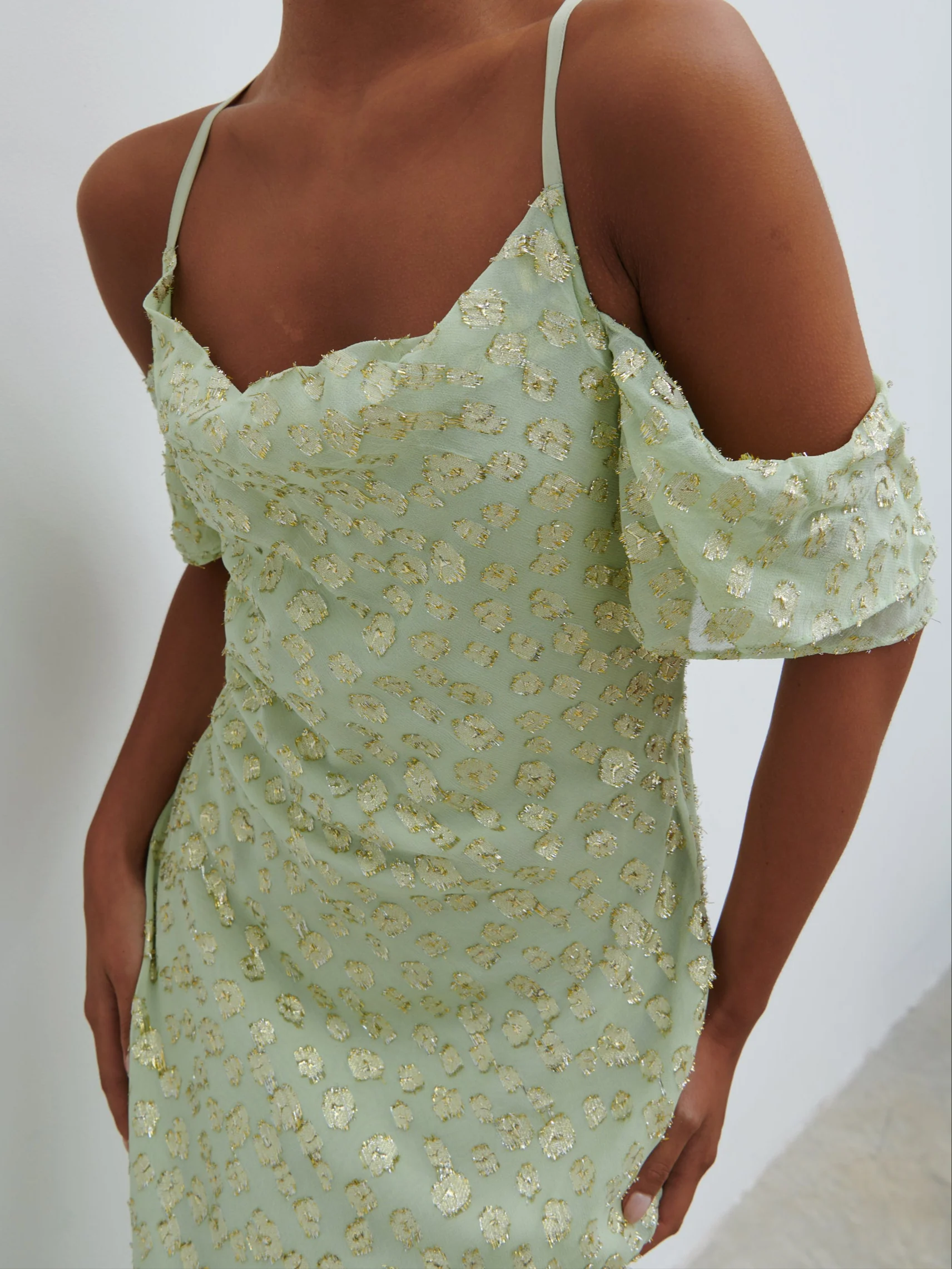 Nia Draped Cold Shoulder Maxi Dress - Pistachio Metallic - Image 4
