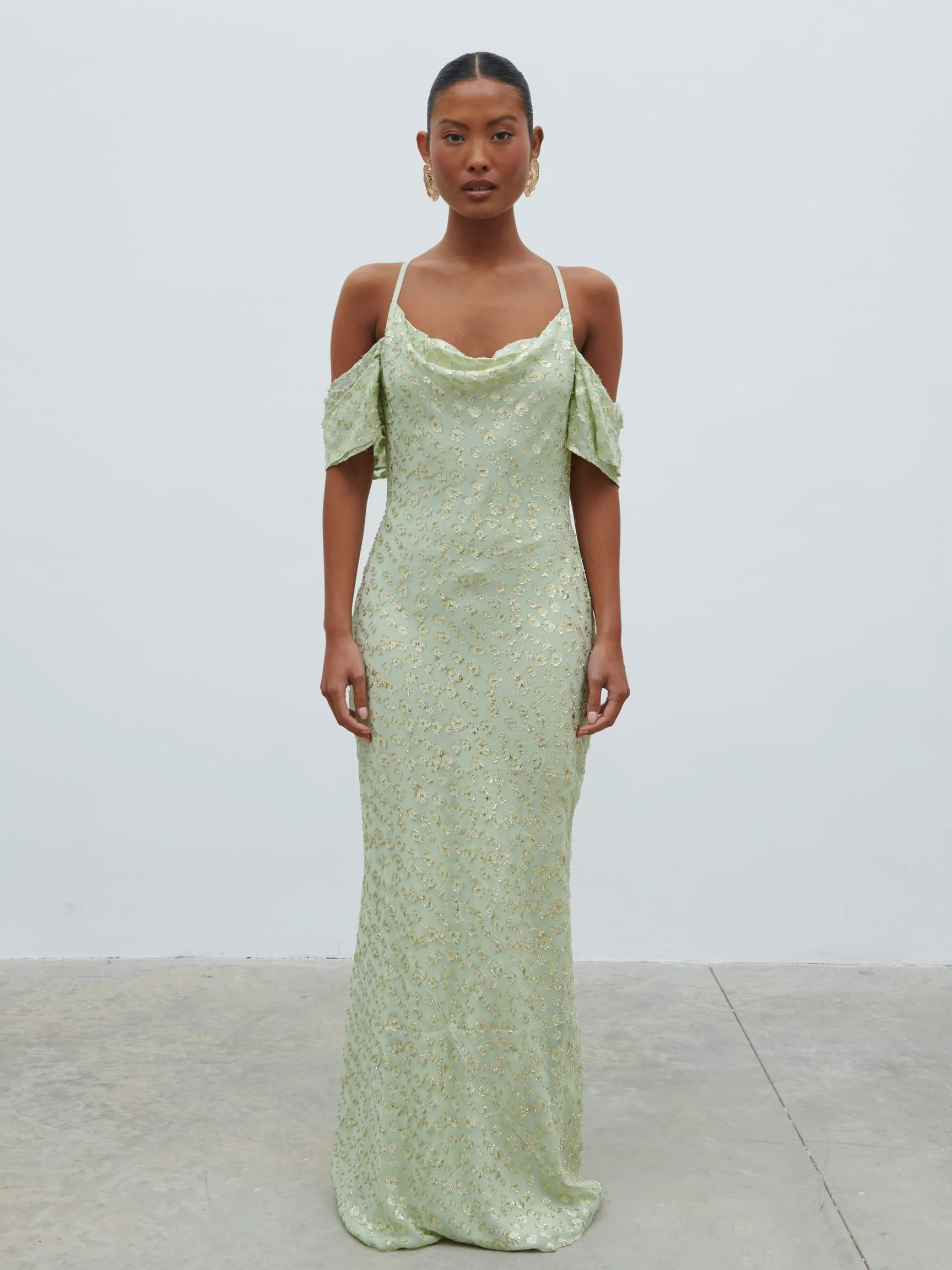 Nia Draped Cold Shoulder Maxi Dress - Pistachio Metallic - Image 5