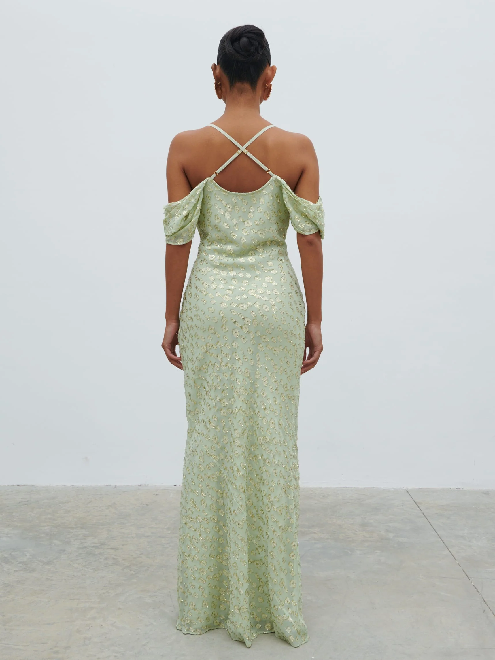 Nia Draped Cold Shoulder Maxi Dress - Pistachio Metallic - Image 6