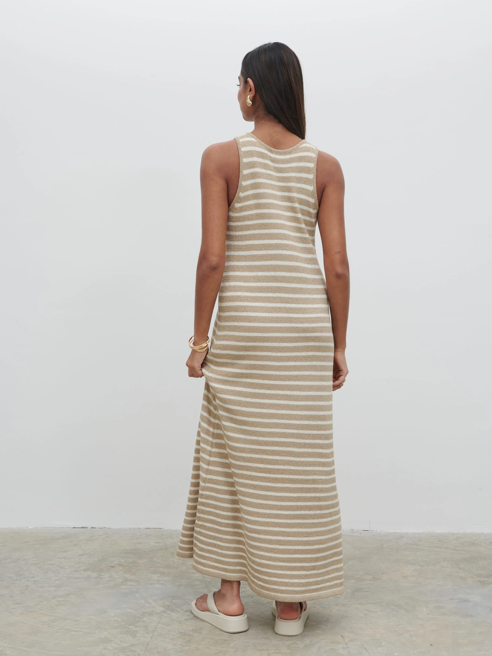Ocean Stripe Knit Midaxi Dress - Beige and Cream - Image 3