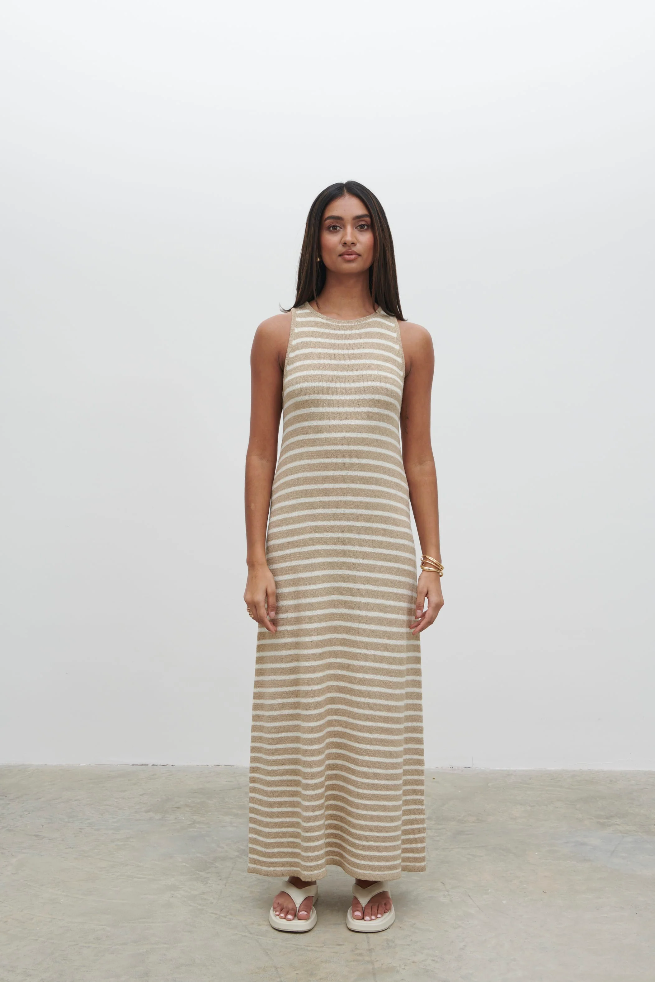 Ocean Stripe Knit Midaxi Dress - Beige and Cream - Image 4