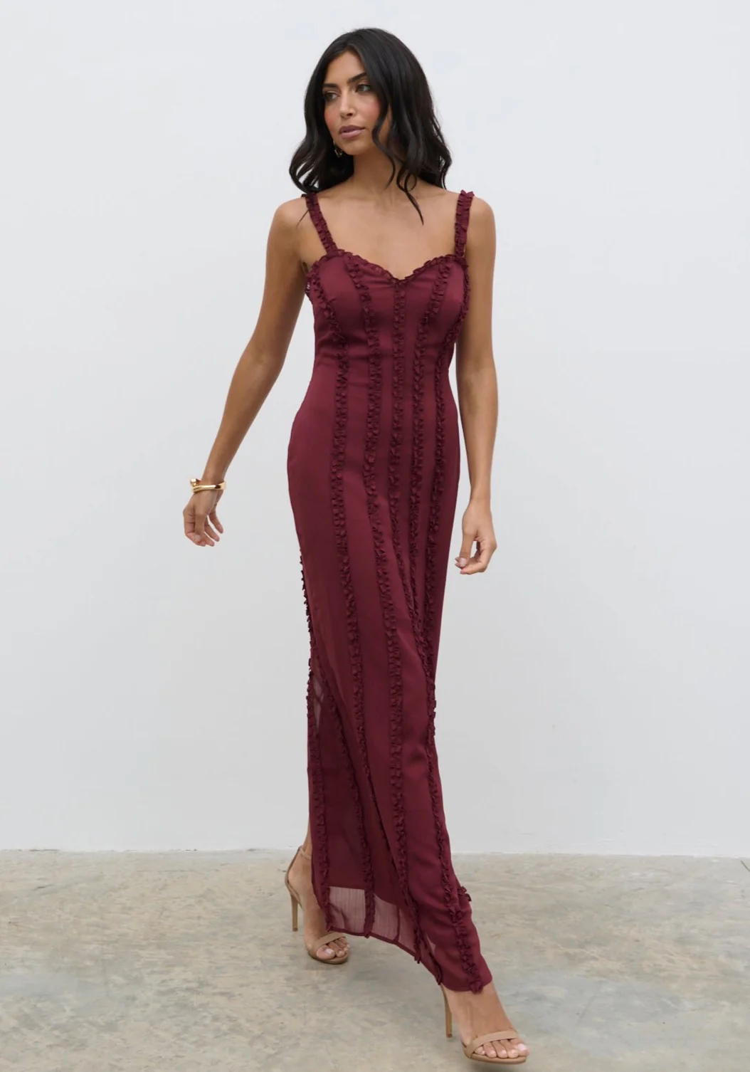 Ola Sweetheart Frill Maxi Dress - Wine - Image 3