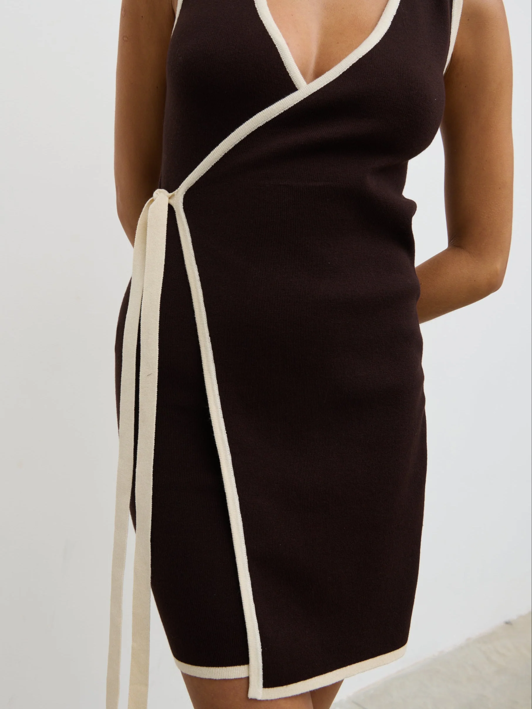 Olive Contrast Wrap Knit Mini Dress - Chocolate - Image 3