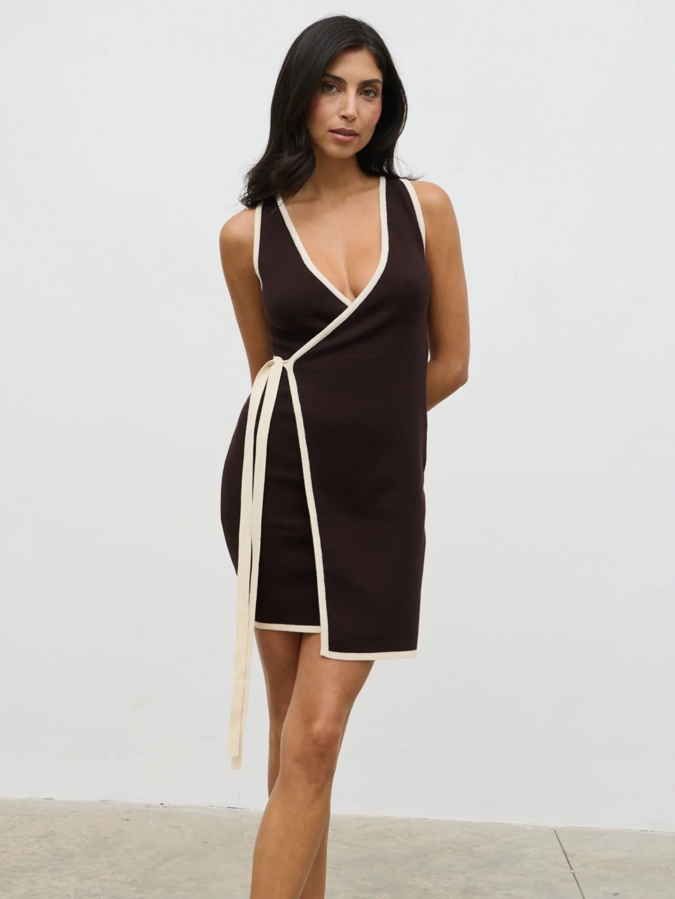 Olive Contrast Wrap Knit Mini Dress - Chocolate - Image 5