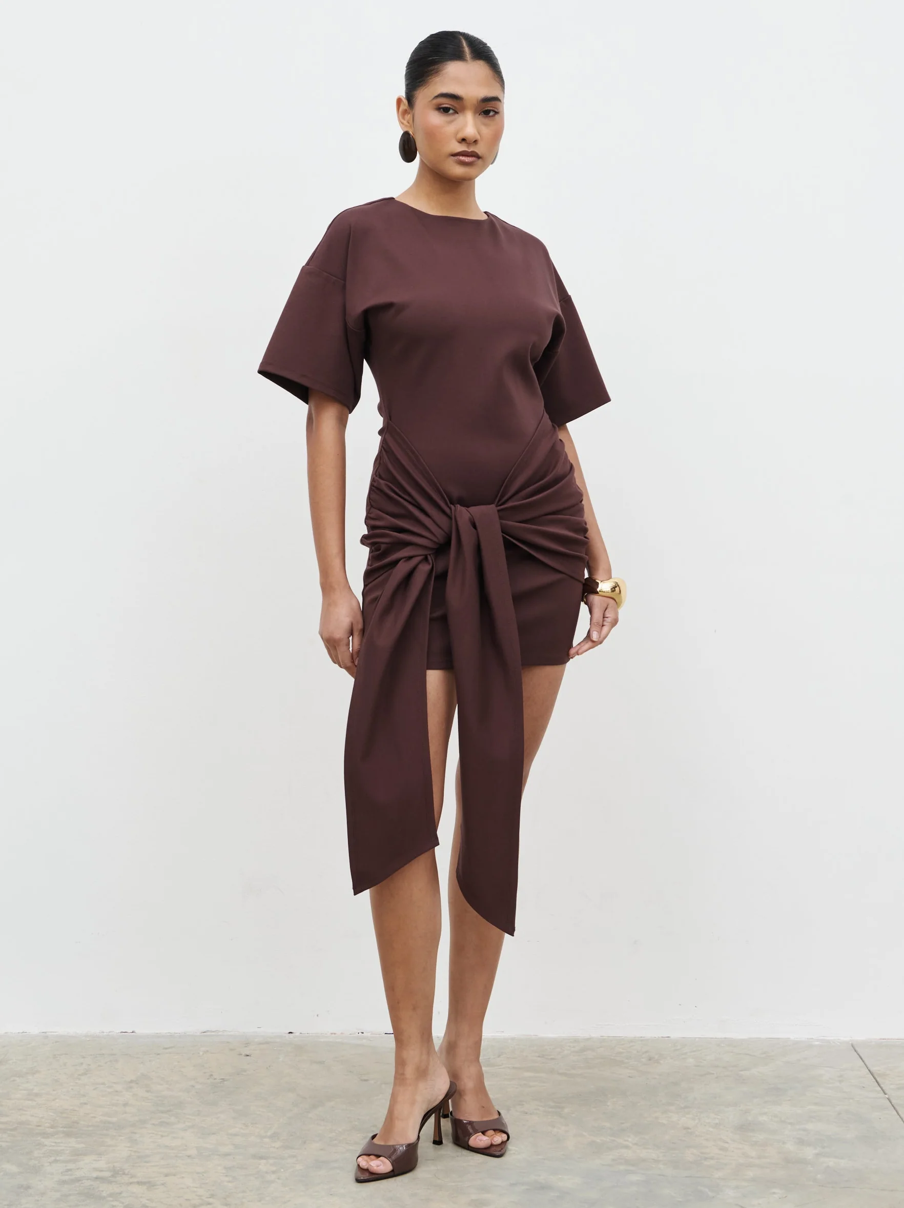 Olivia Jersey Knot Mini Dress - Brown - Image 3