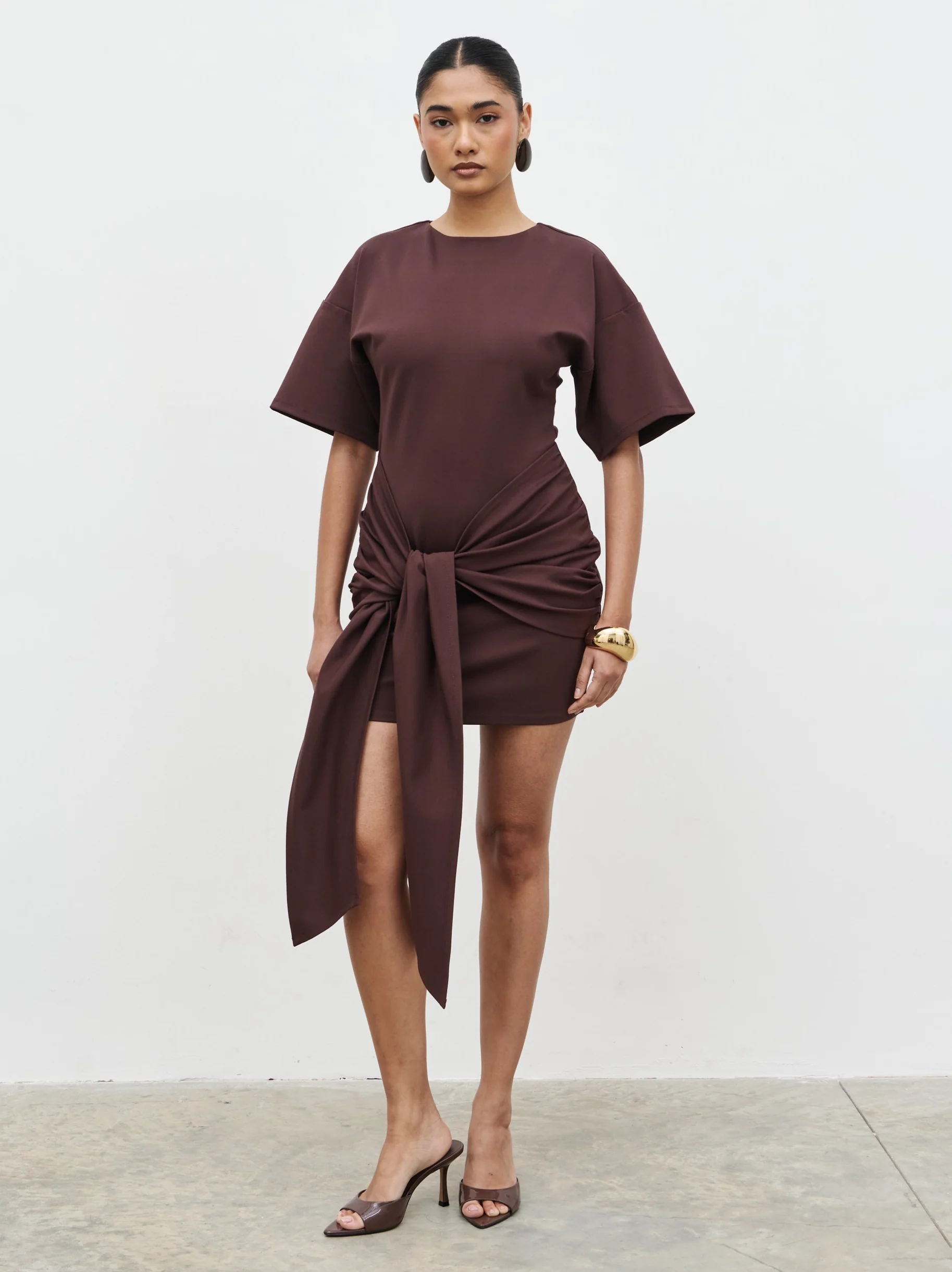 Olivia Jersey Knot Mini Dress - Brown - Image 6