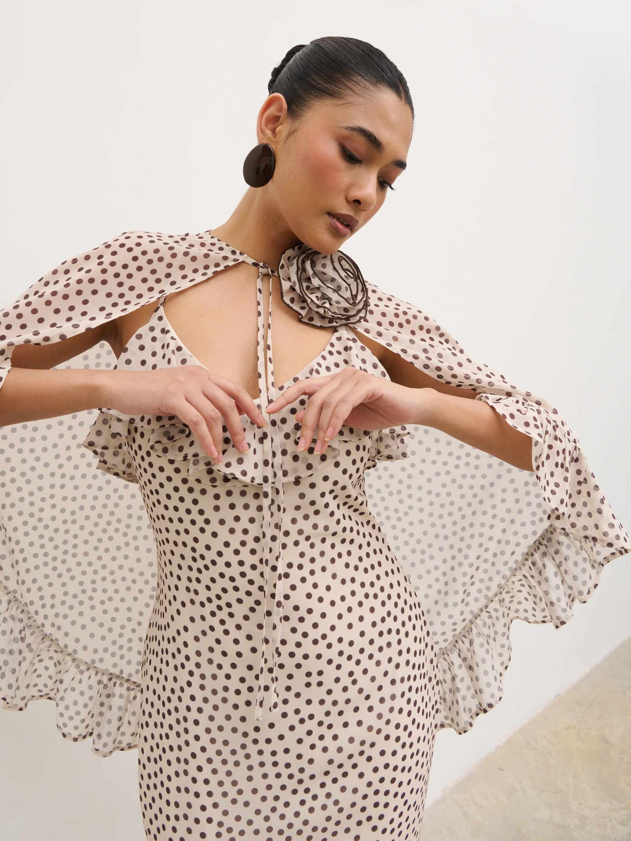 Oriana Corsage Cape Maxi Dress - Cream and Brown Polkadot - Image 3