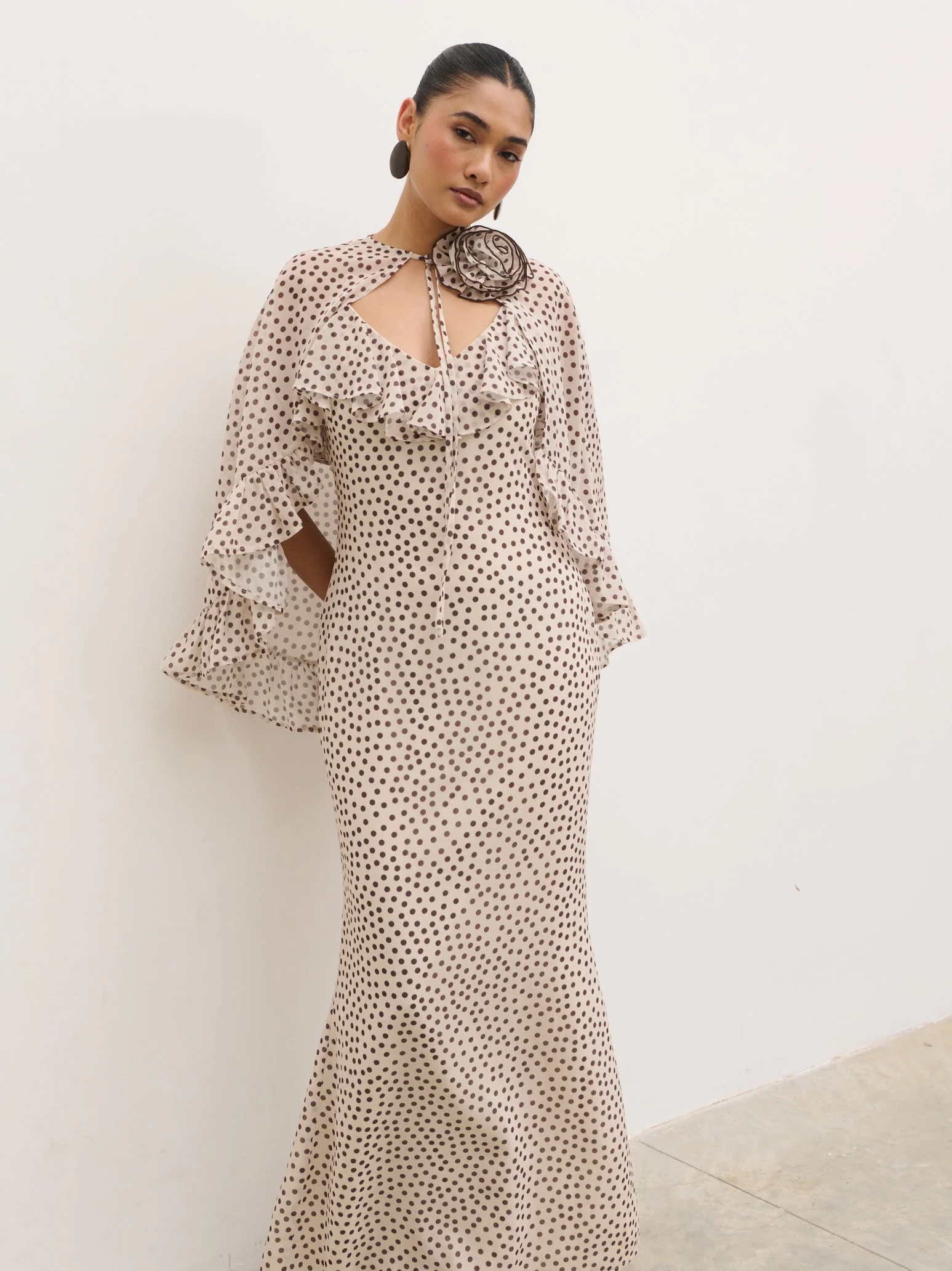 Oriana Corsage Cape Maxi Dress - Cream and Brown Polkadot - Image 4