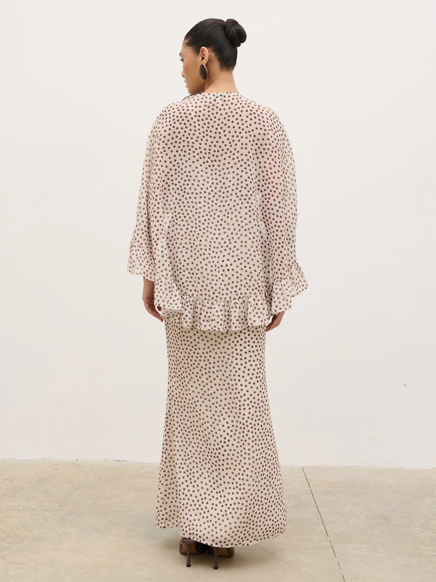 Oriana Corsage Cape Maxi Dress - Cream and Brown Polkadot - Image 5