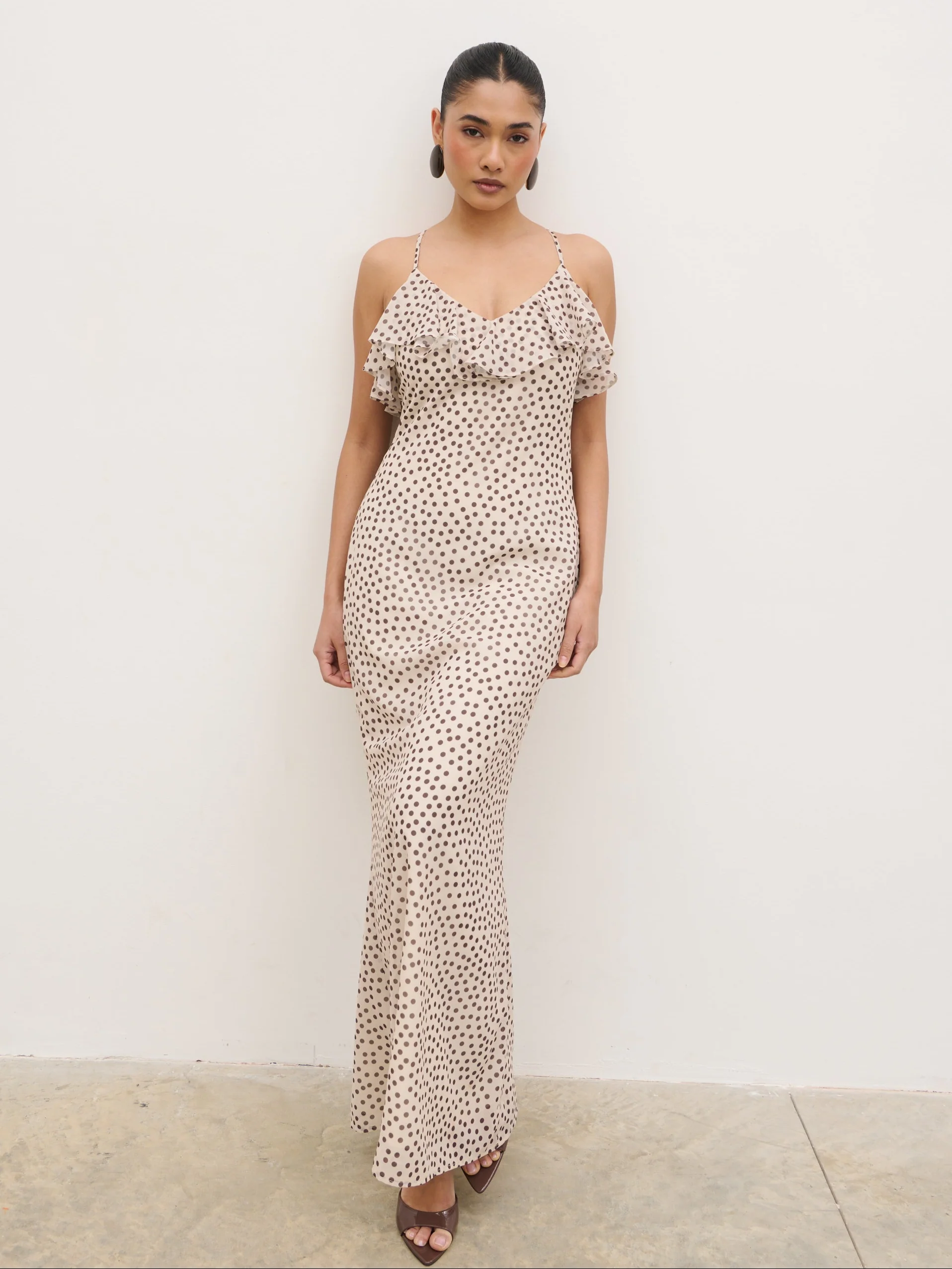 Oriana Corsage Cape Maxi Dress - Cream and Brown Polkadot - Image 6