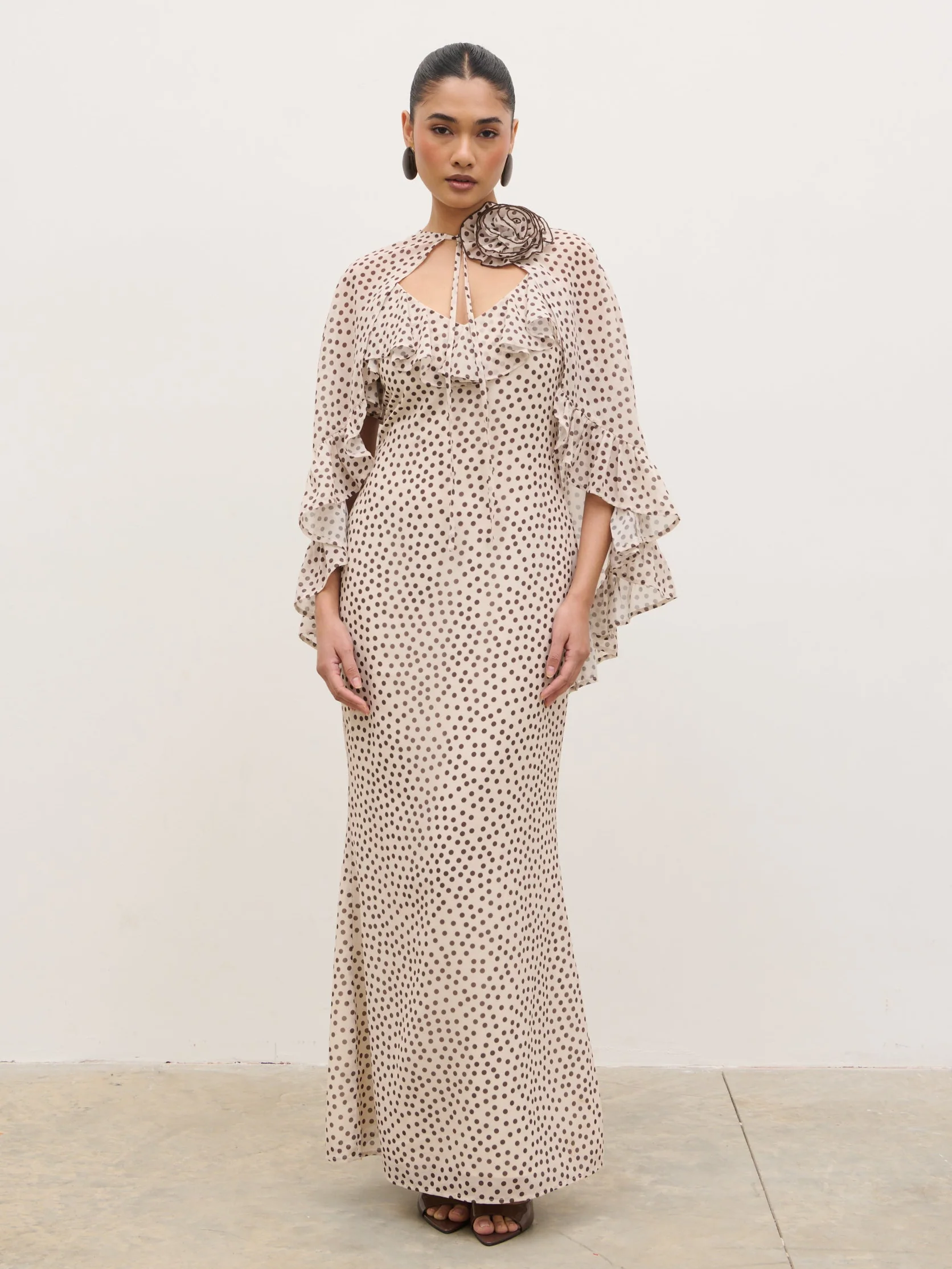 Oriana Corsage Cape Maxi Dress - Cream and Brown Polkadot - Image 8
