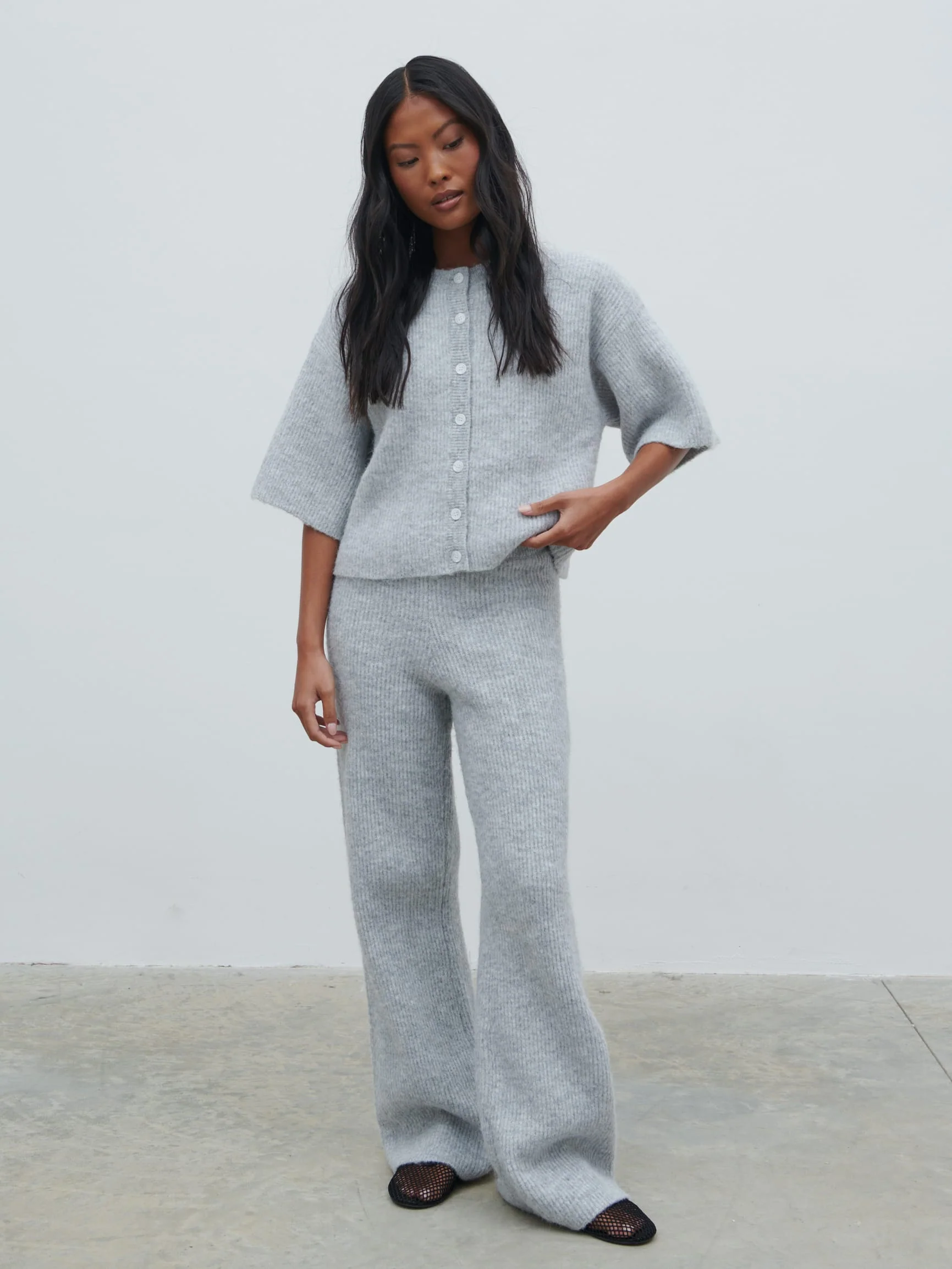 Ovalie Rib Knit Trousers - Grey Marl - Image 3