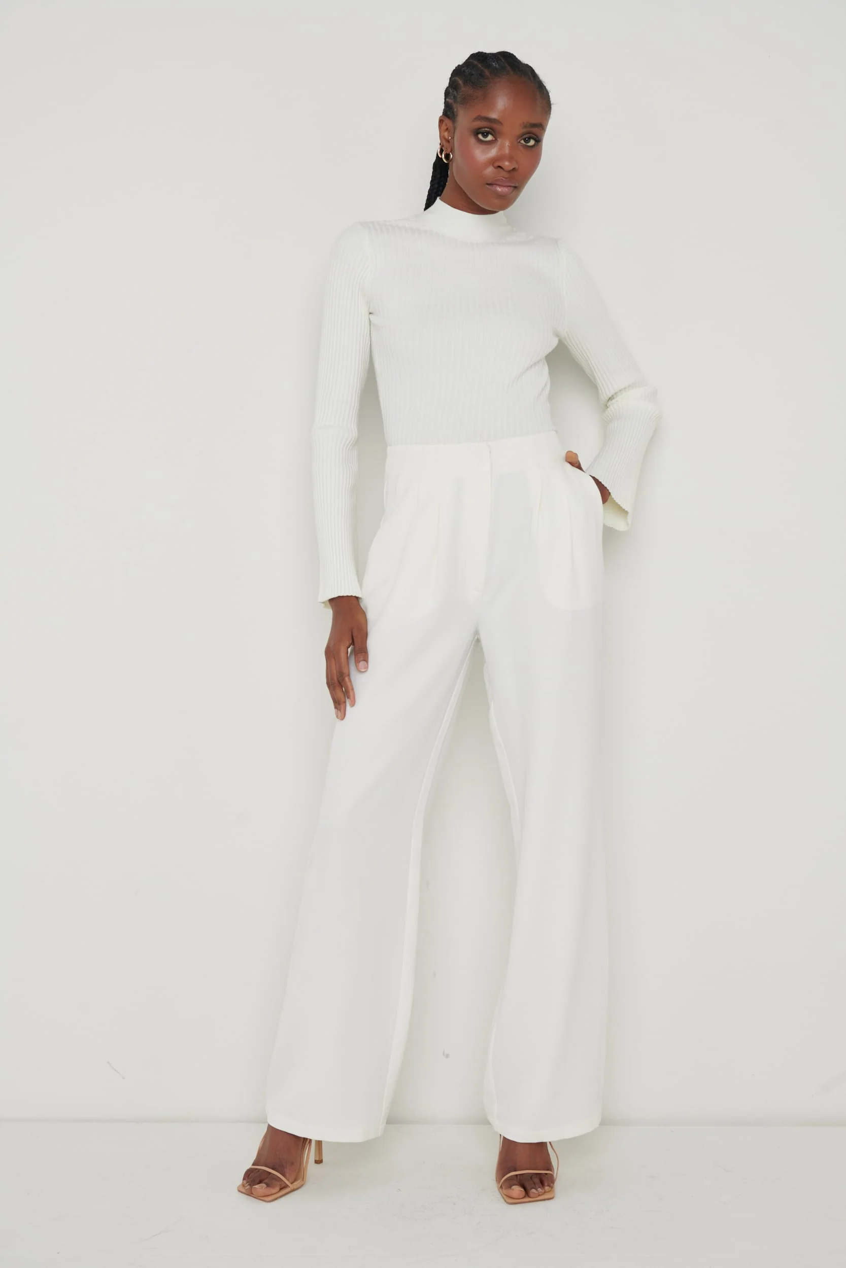 Parker High Waisted Box Pleat Trouser - Cream - Image 3