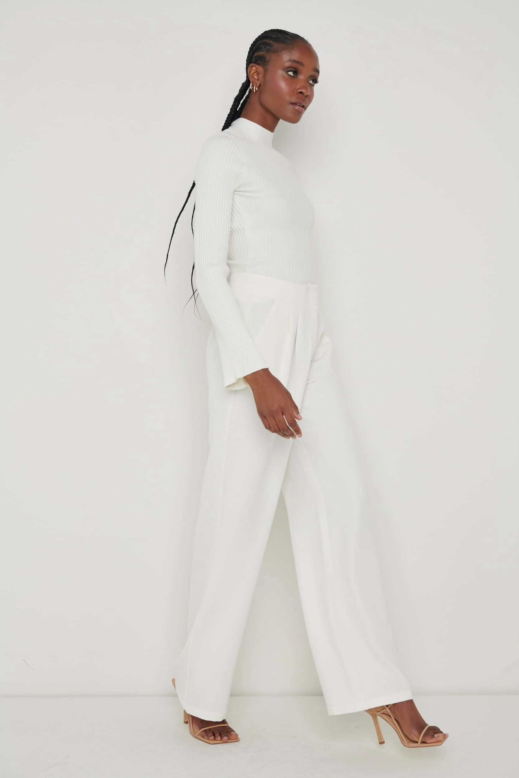 Parker High Waisted Box Pleat Trouser - Cream - Image 4