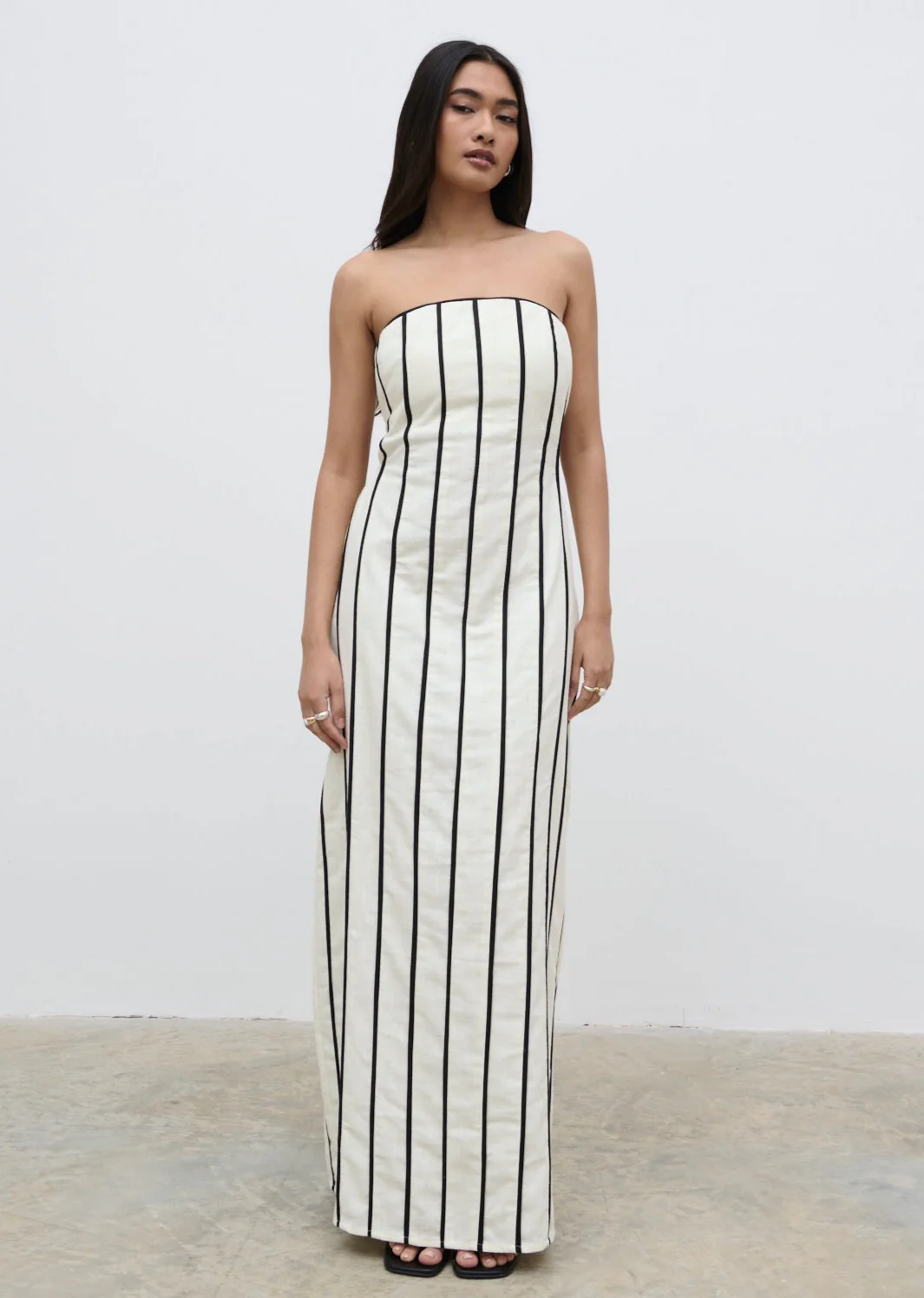 Penny Striped Bandeau Dress - Cream and Black - Image 2