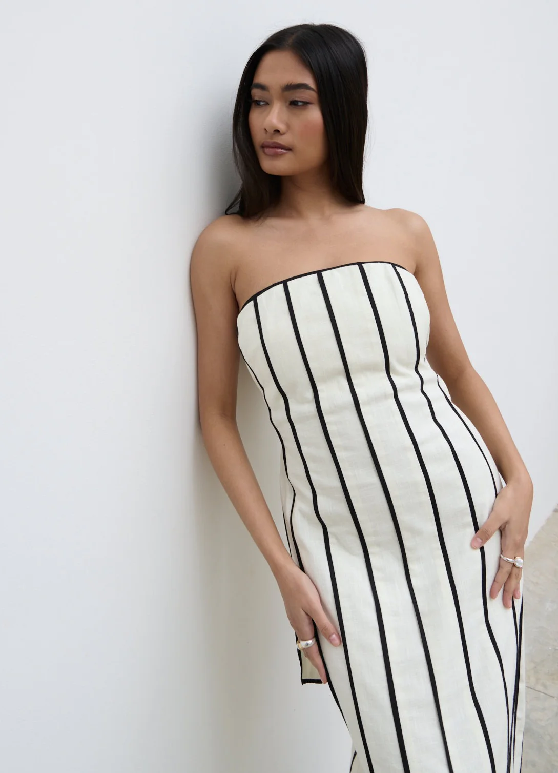 Penny Striped Bandeau Dress - Cream and Black - Image 4