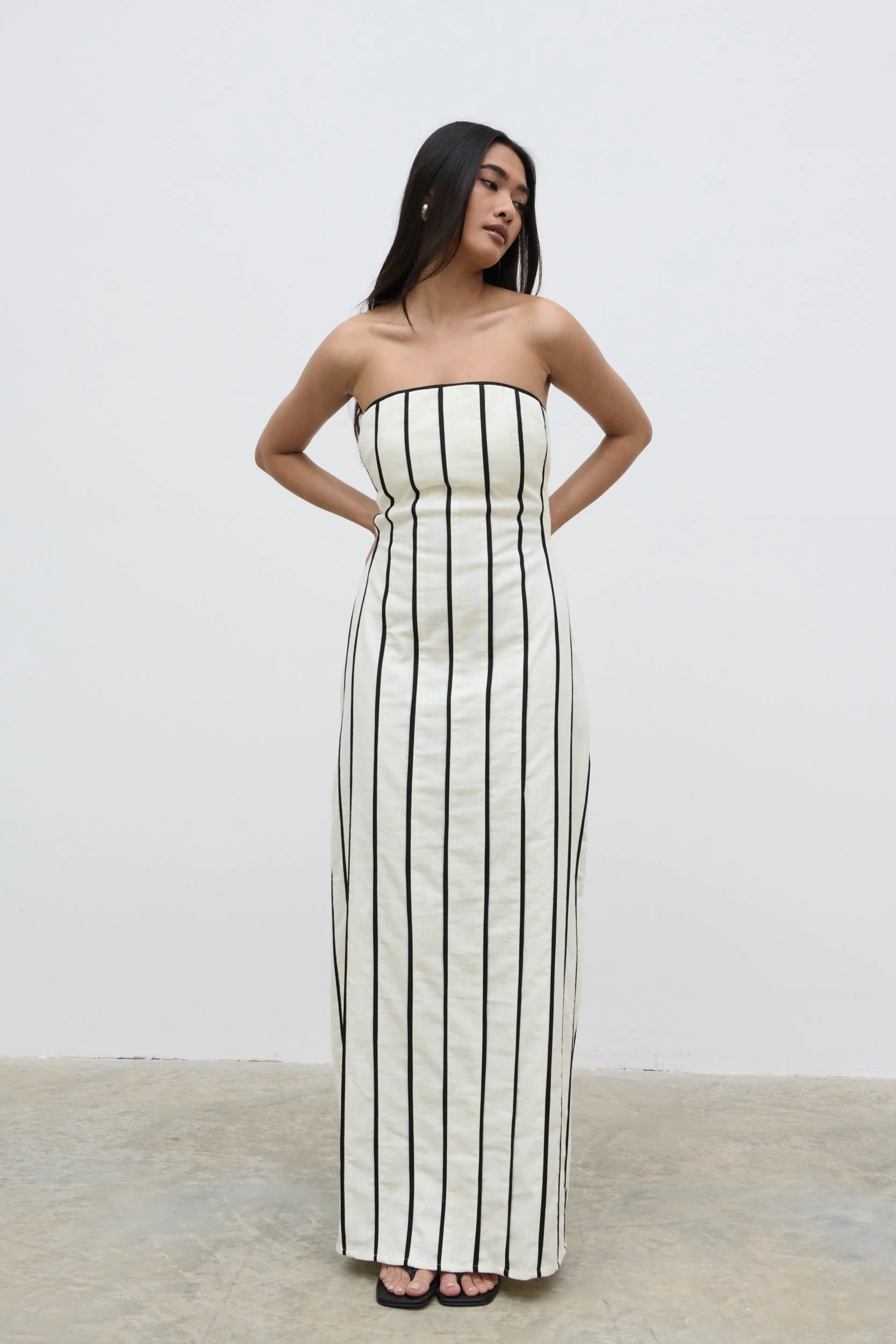 Penny Striped Bandeau Dress - Cream and Black - Image 6