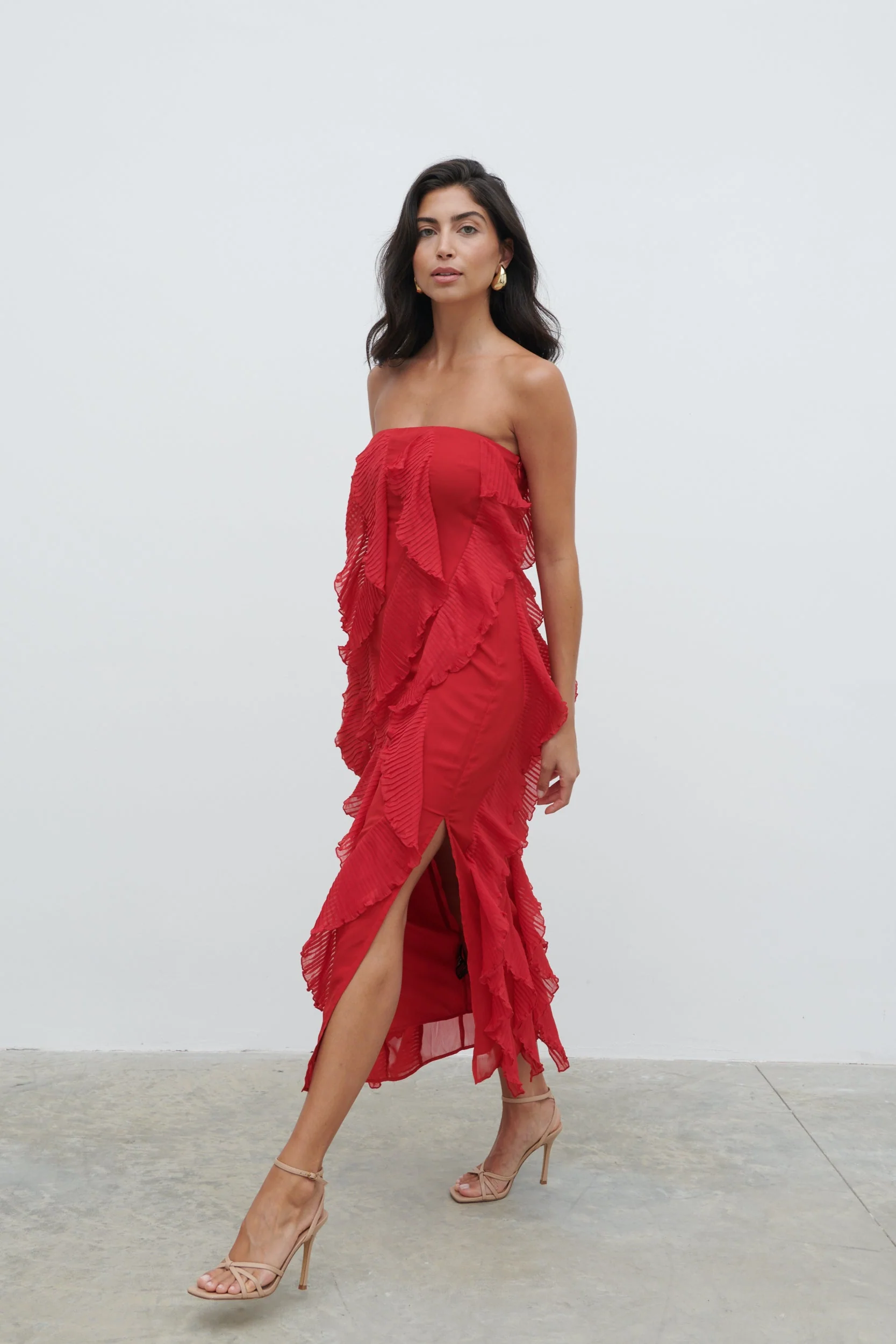 Perla Bandeau Ruffle Midaxi Dress - Red - Image 5