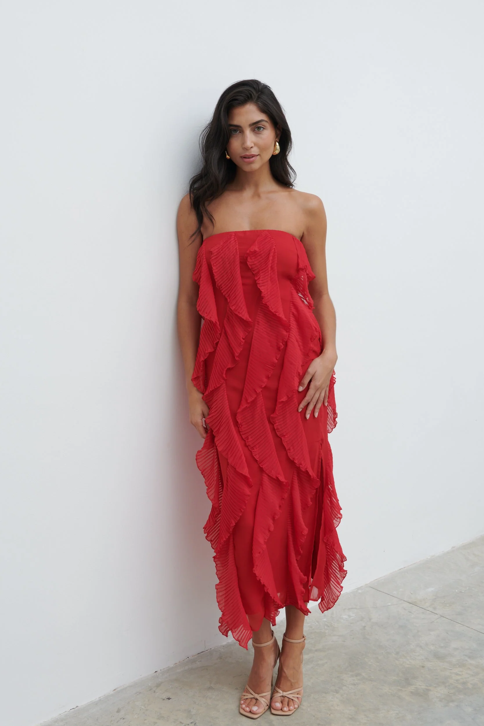 Perla Bandeau Ruffle Midaxi Dress - Red - Image 6