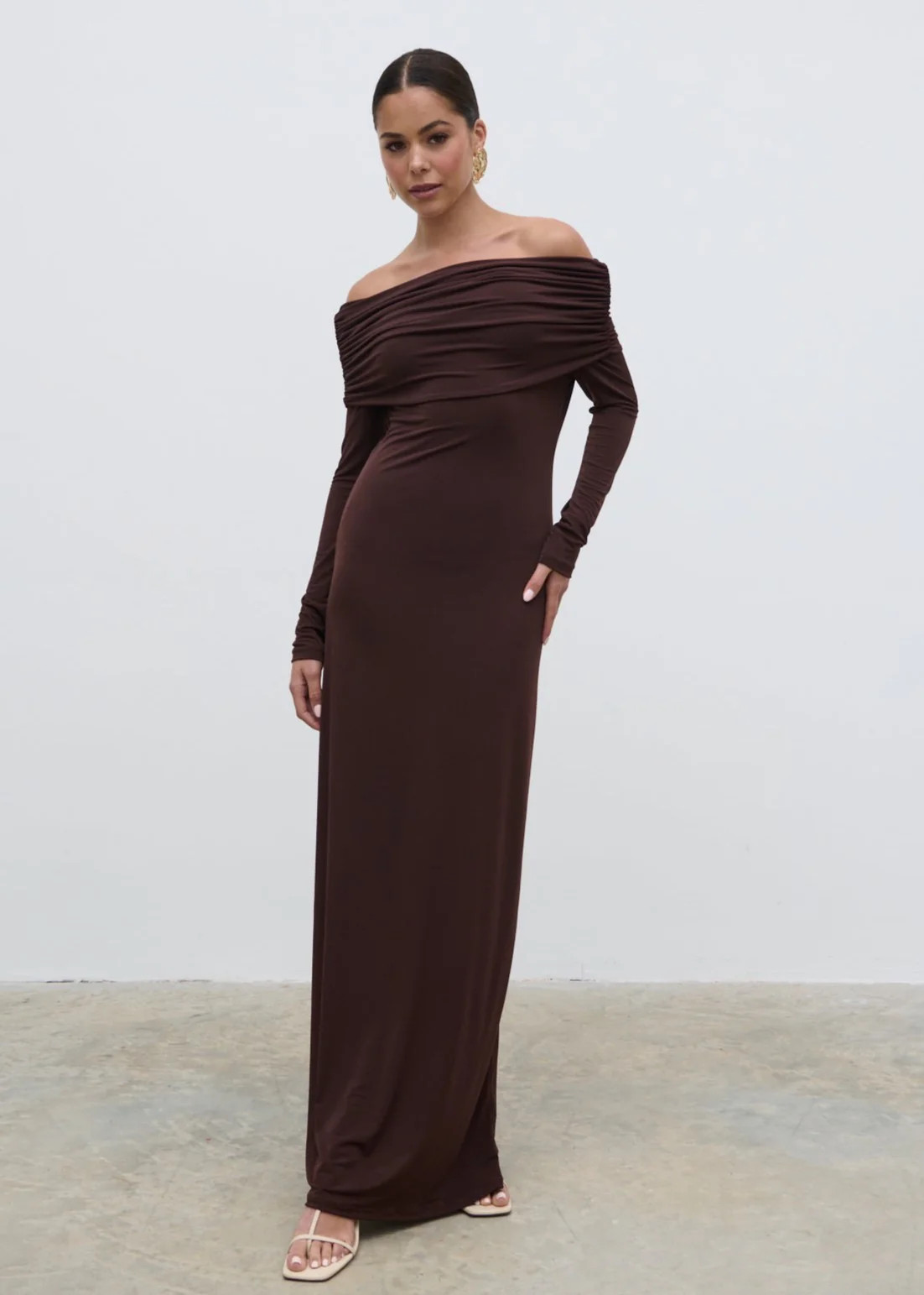 Perrie Bardot Jersey Maxi Dress - Brown - Image 3