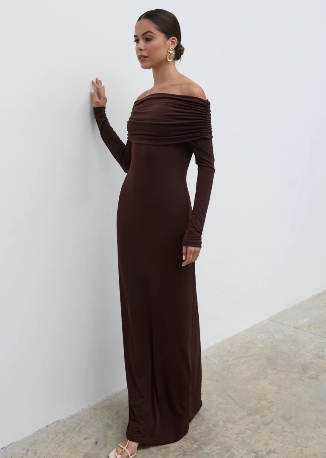 Perrie Bardot Jersey Maxi Dress - Brown - Image 6