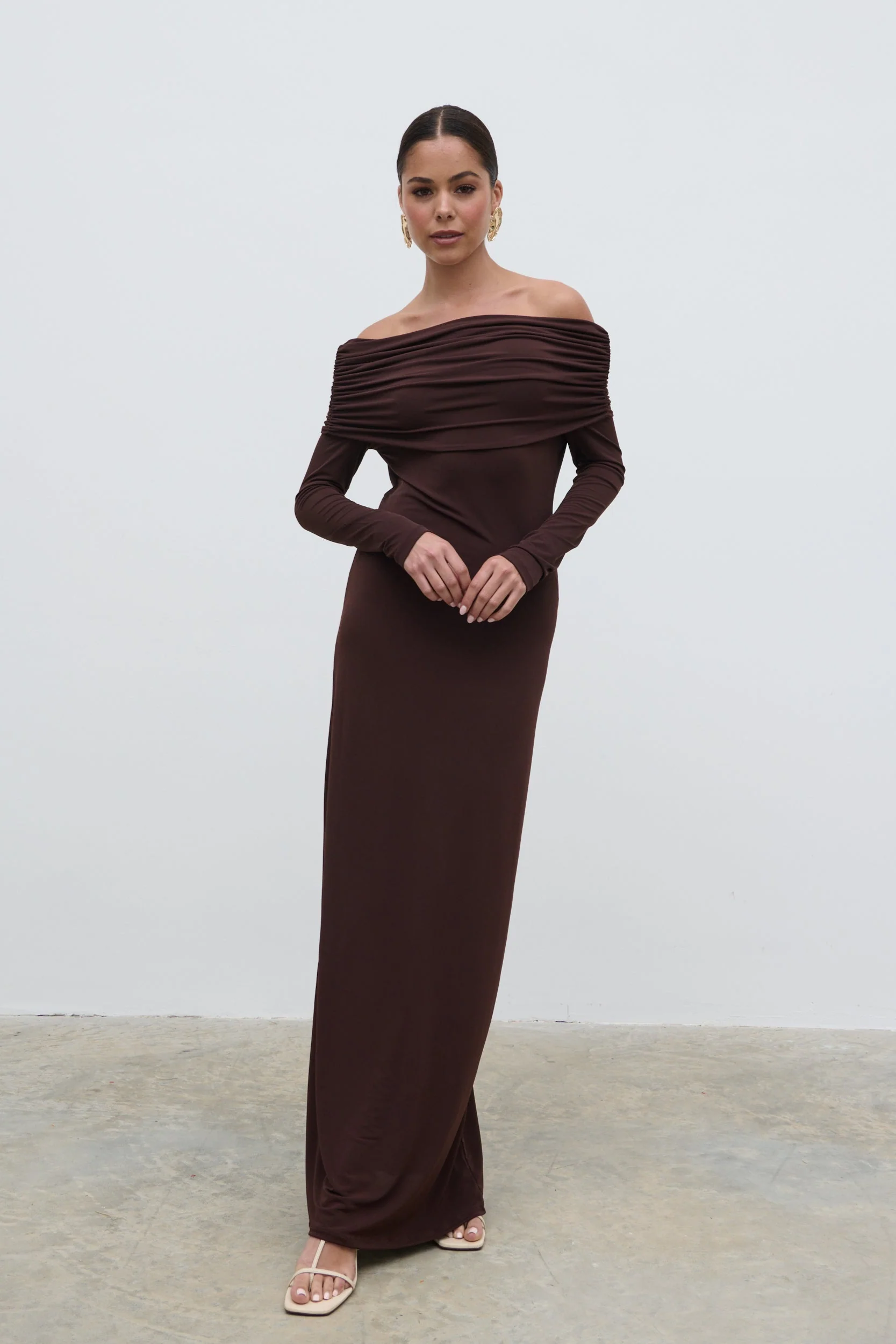 Perrie Bardot Jersey Maxi Dress - Brown - Image 7