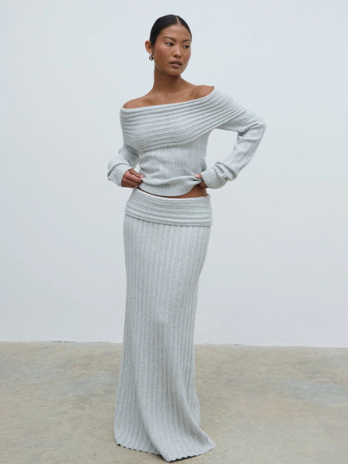 Petra Bardot Cosy Rib Knit Jumper - Grey Marl - Image 3