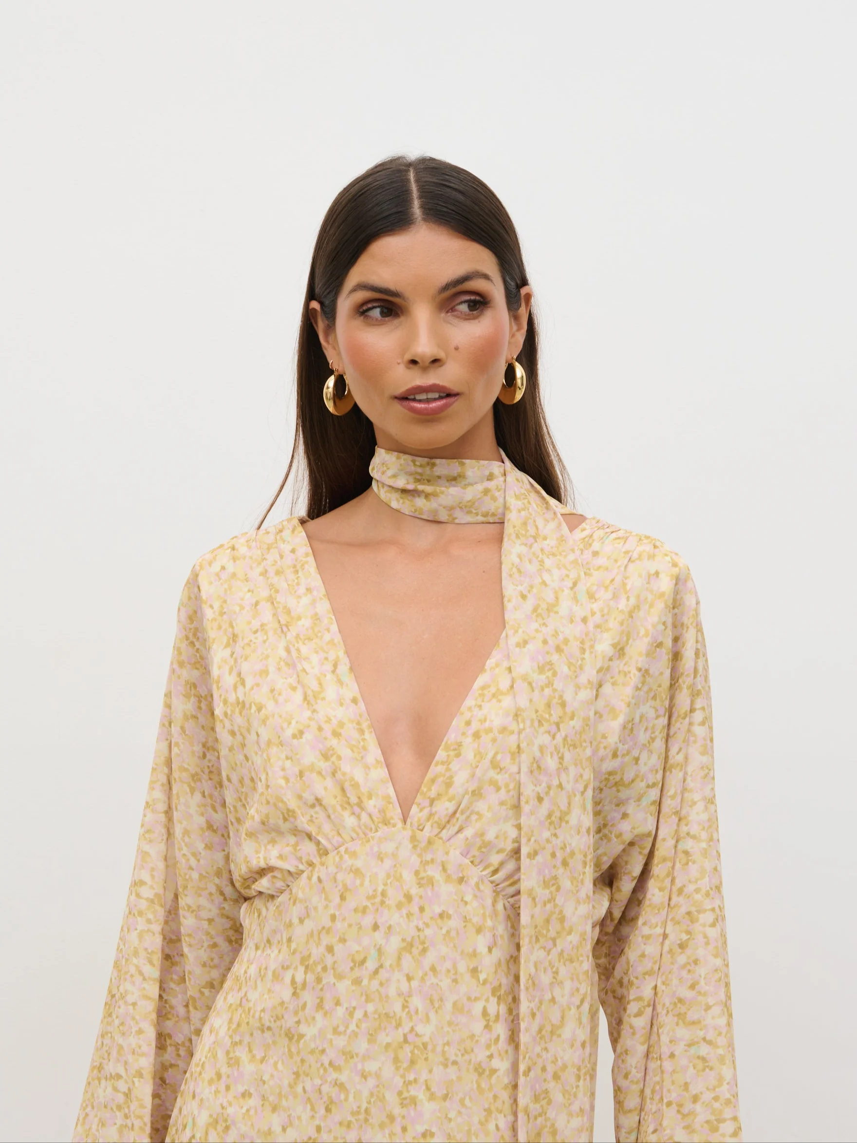 Petula Batwing Scarf Maxi Dress - Chartreuse and Lilac Abstract - Image 2