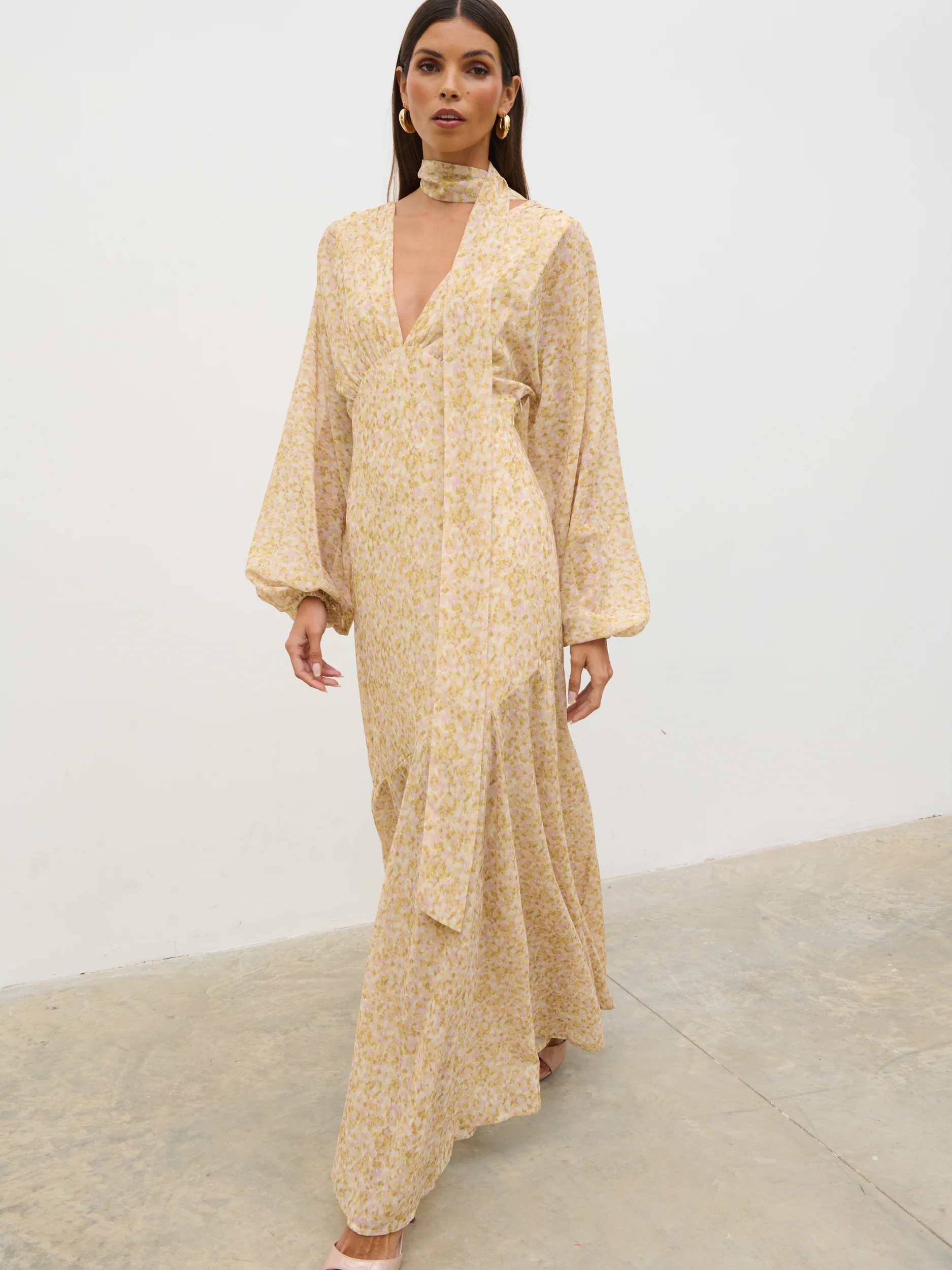 Petula Batwing Scarf Maxi Dress - Chartreuse and Lilac Abstract - Image 4