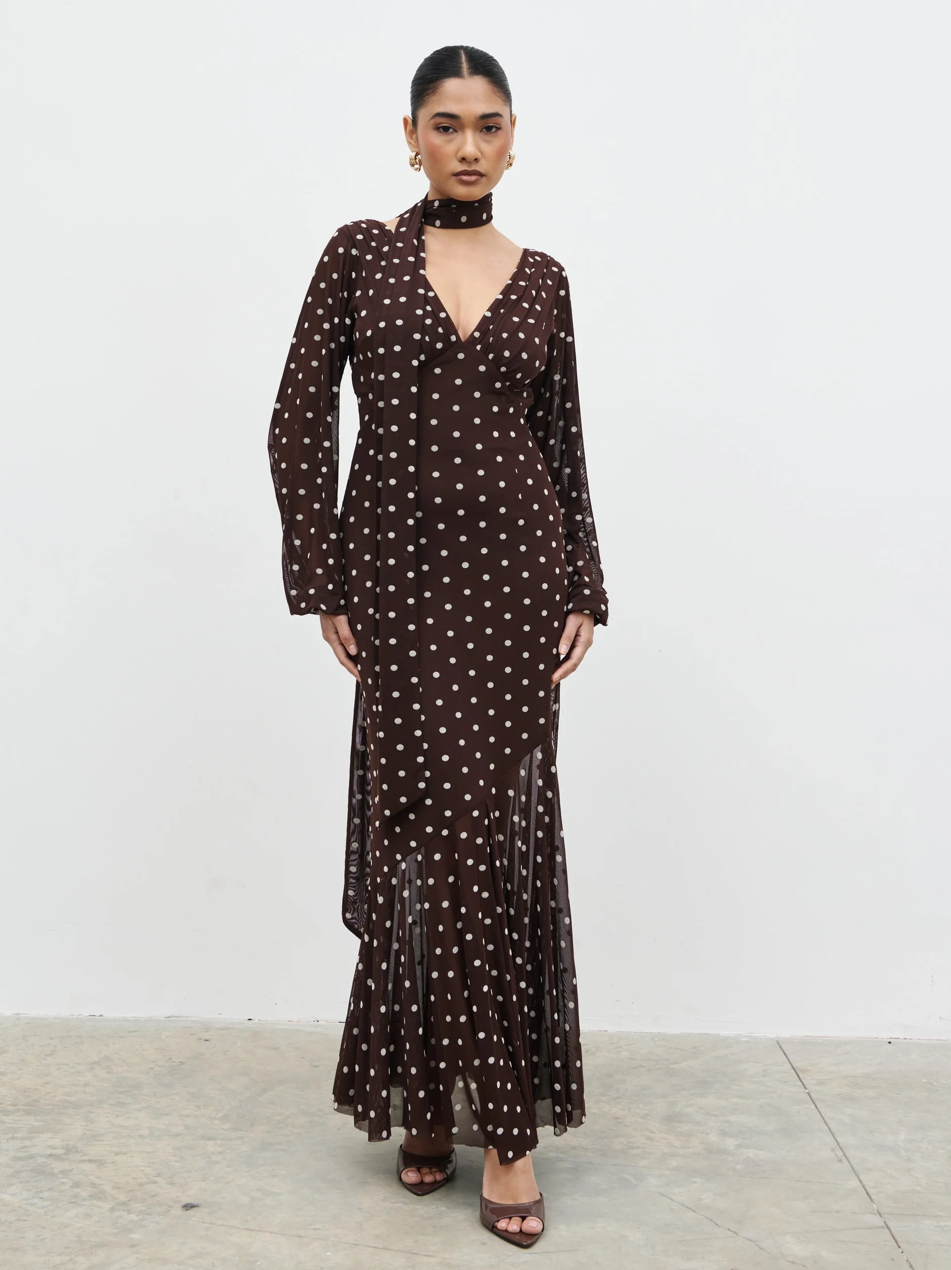 Petula Scarf Mesh Maxi Dress - Brown and Cream Polkadot - Image 2