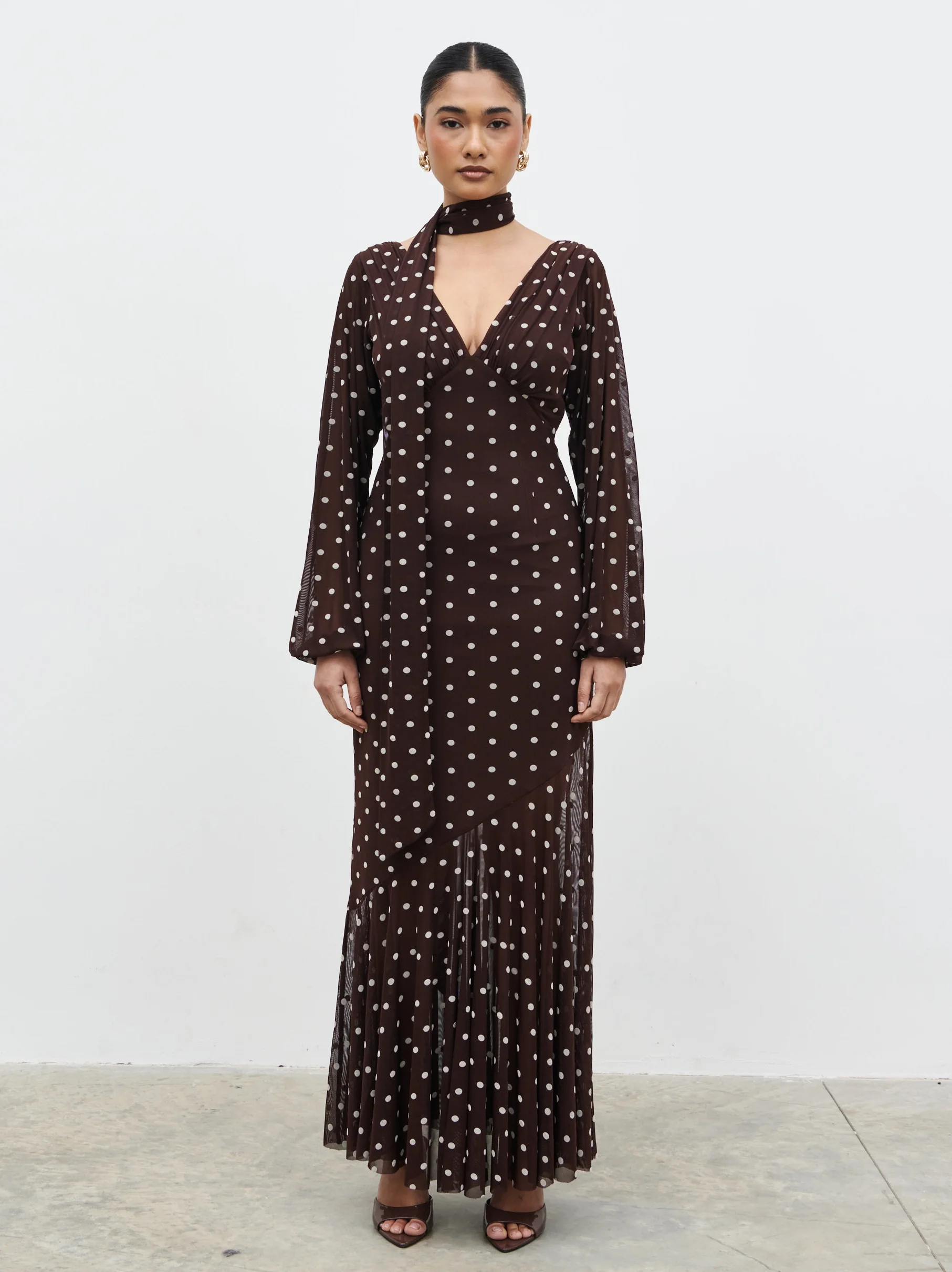 Petula Scarf Mesh Maxi Dress - Brown and Cream Polkadot - Image 3