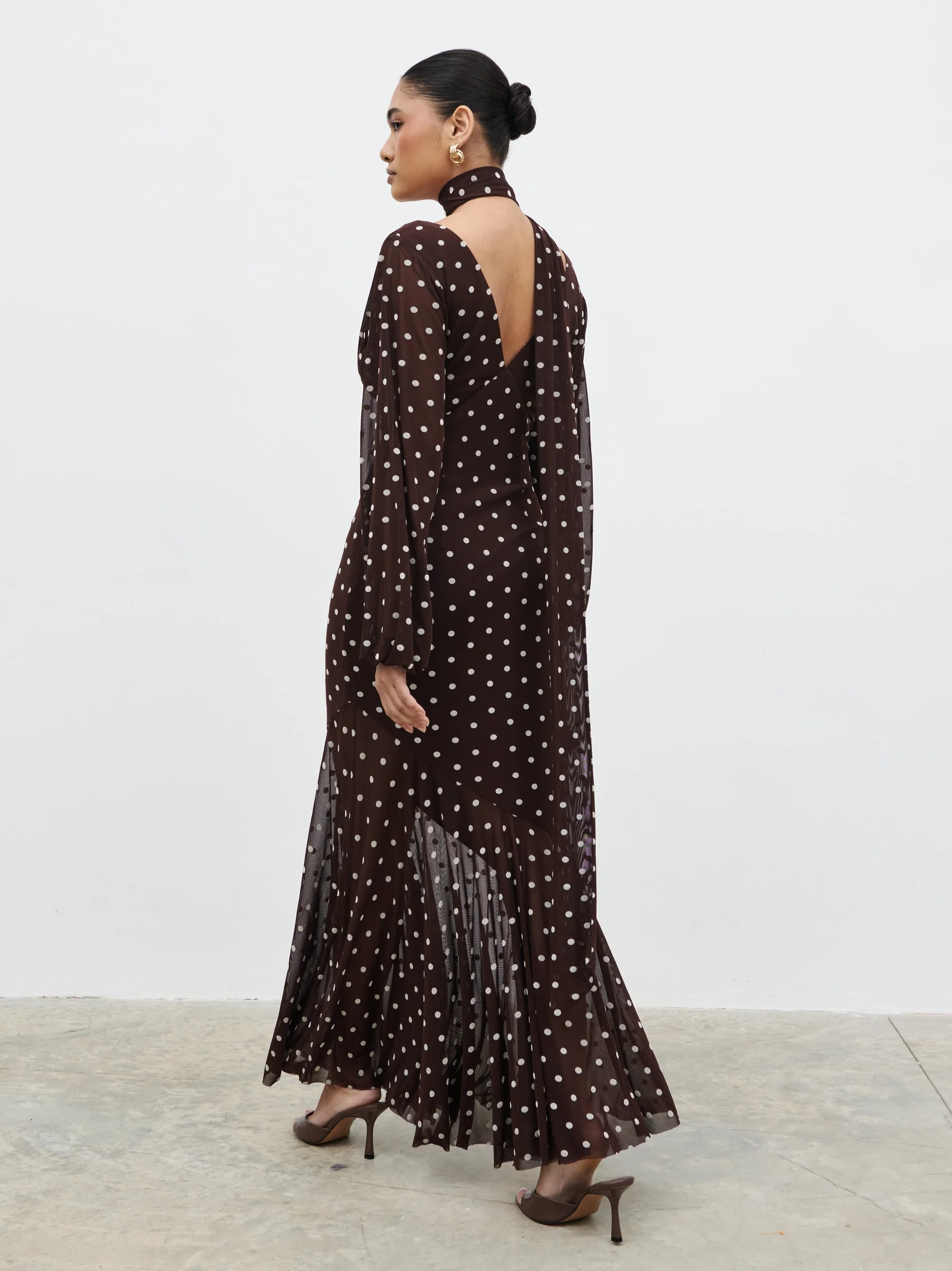 Petula Scarf Mesh Maxi Dress - Brown and Cream Polkadot - Image 4