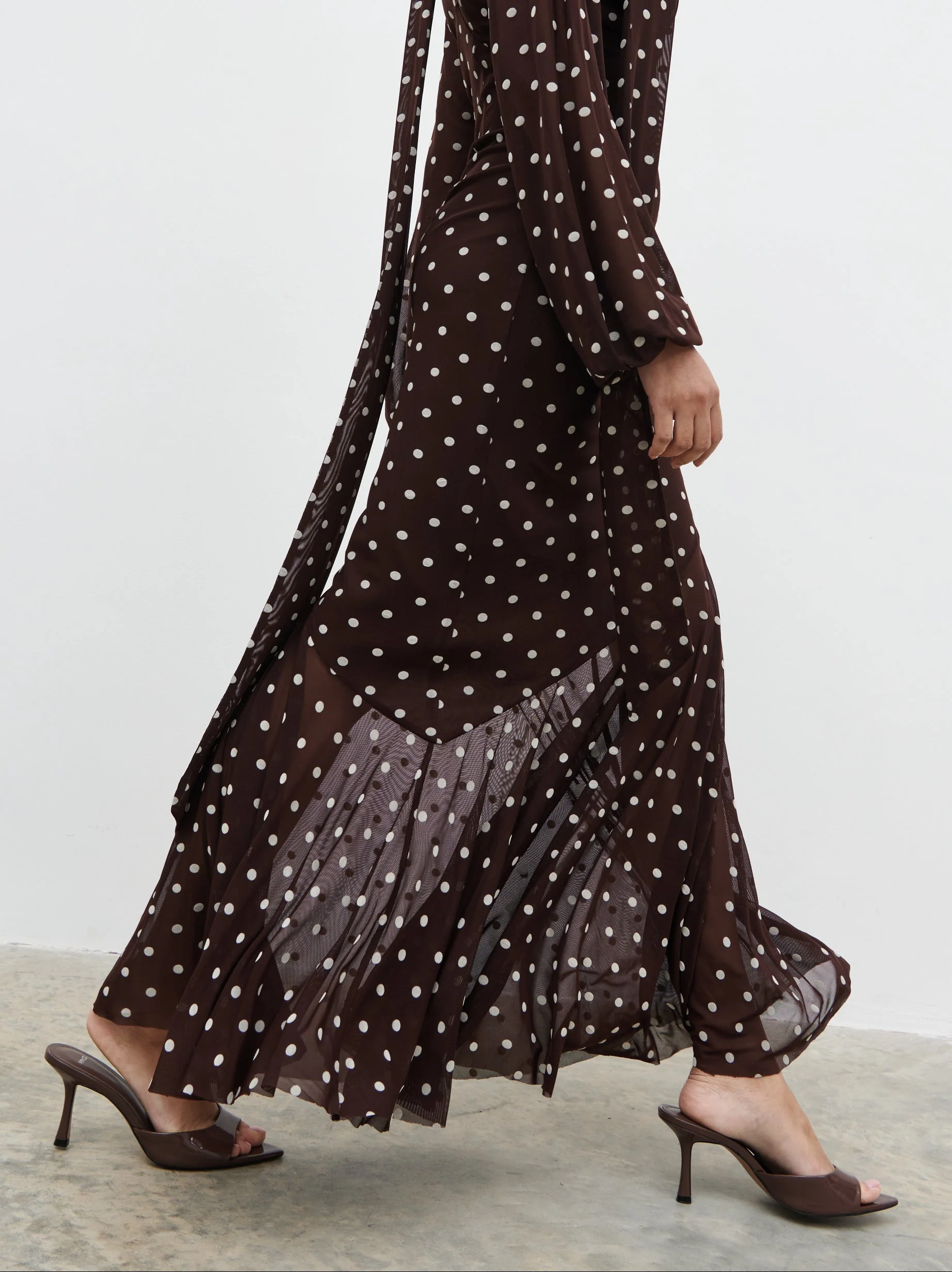 Petula Scarf Mesh Maxi Dress - Brown and Cream Polkadot - Image 5