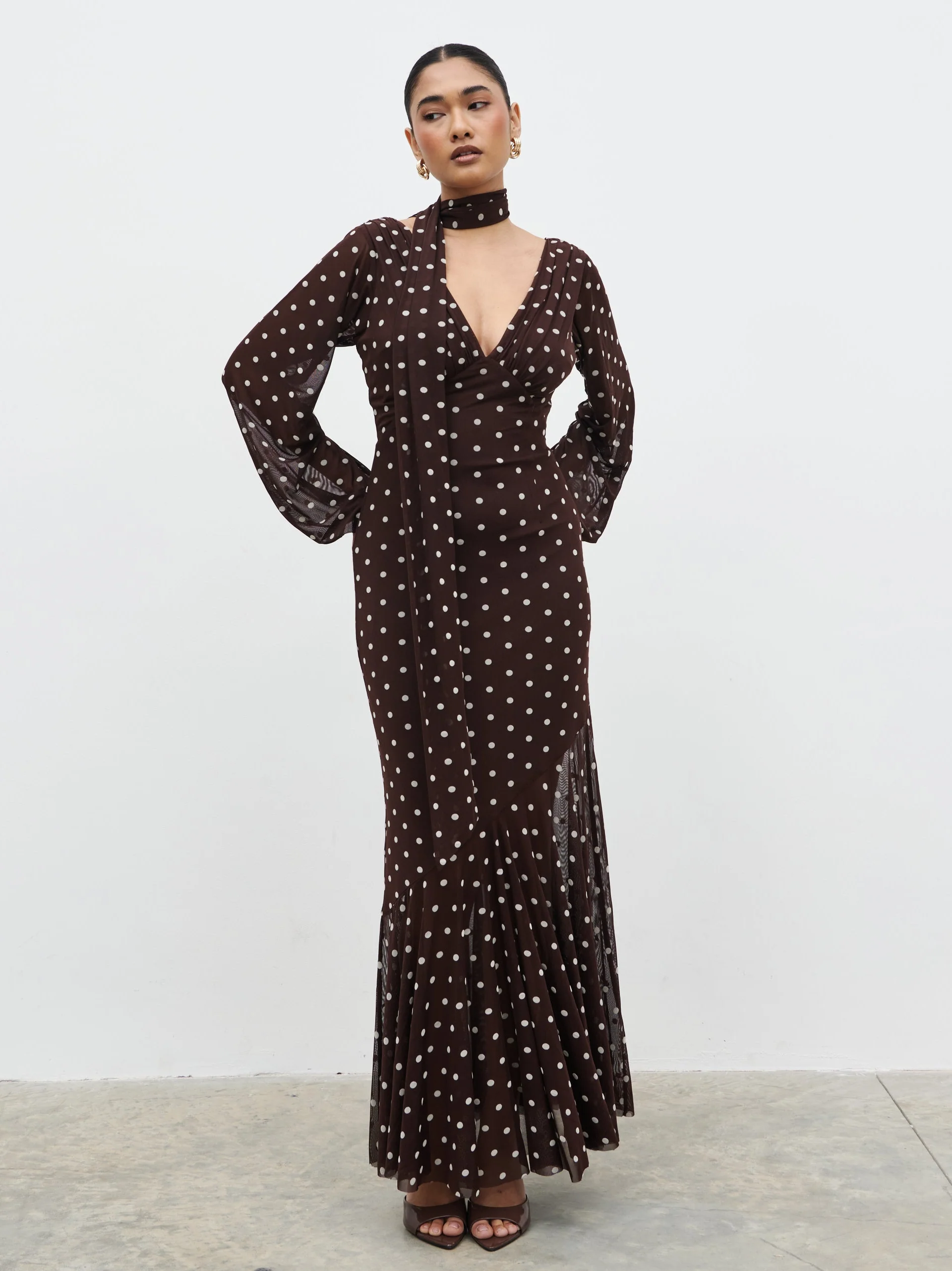 Petula Scarf Mesh Maxi Dress - Brown and Cream Polkadot - Image 6