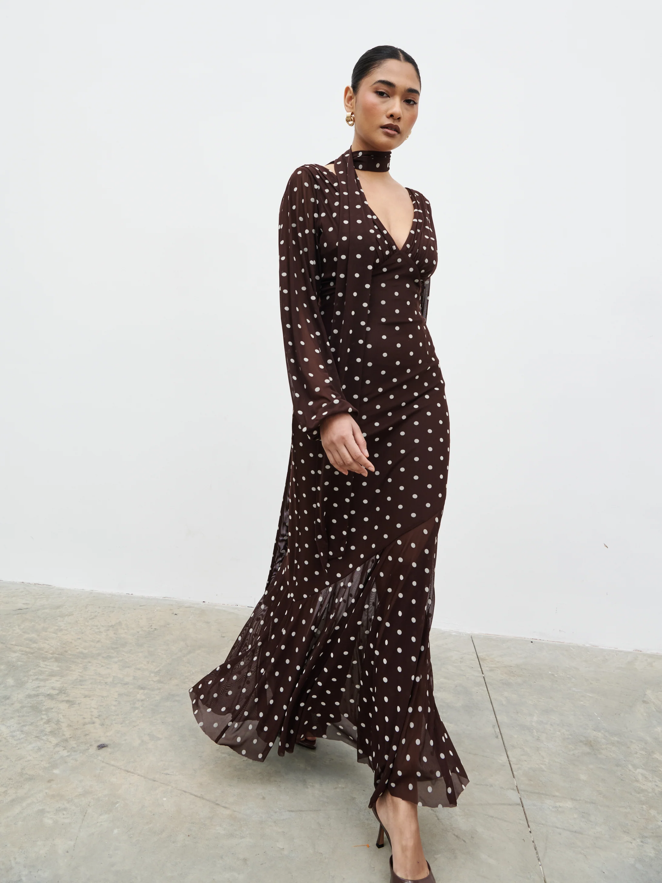 Petula Scarf Mesh Maxi Dress - Brown and Cream Polkadot - Image 7