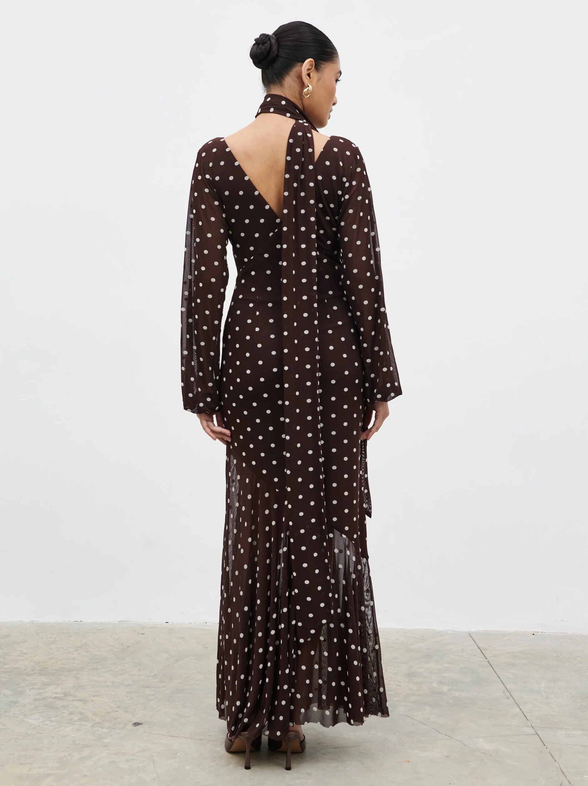 Petula Scarf Mesh Maxi Dress - Brown and Cream Polkadot - Image 8