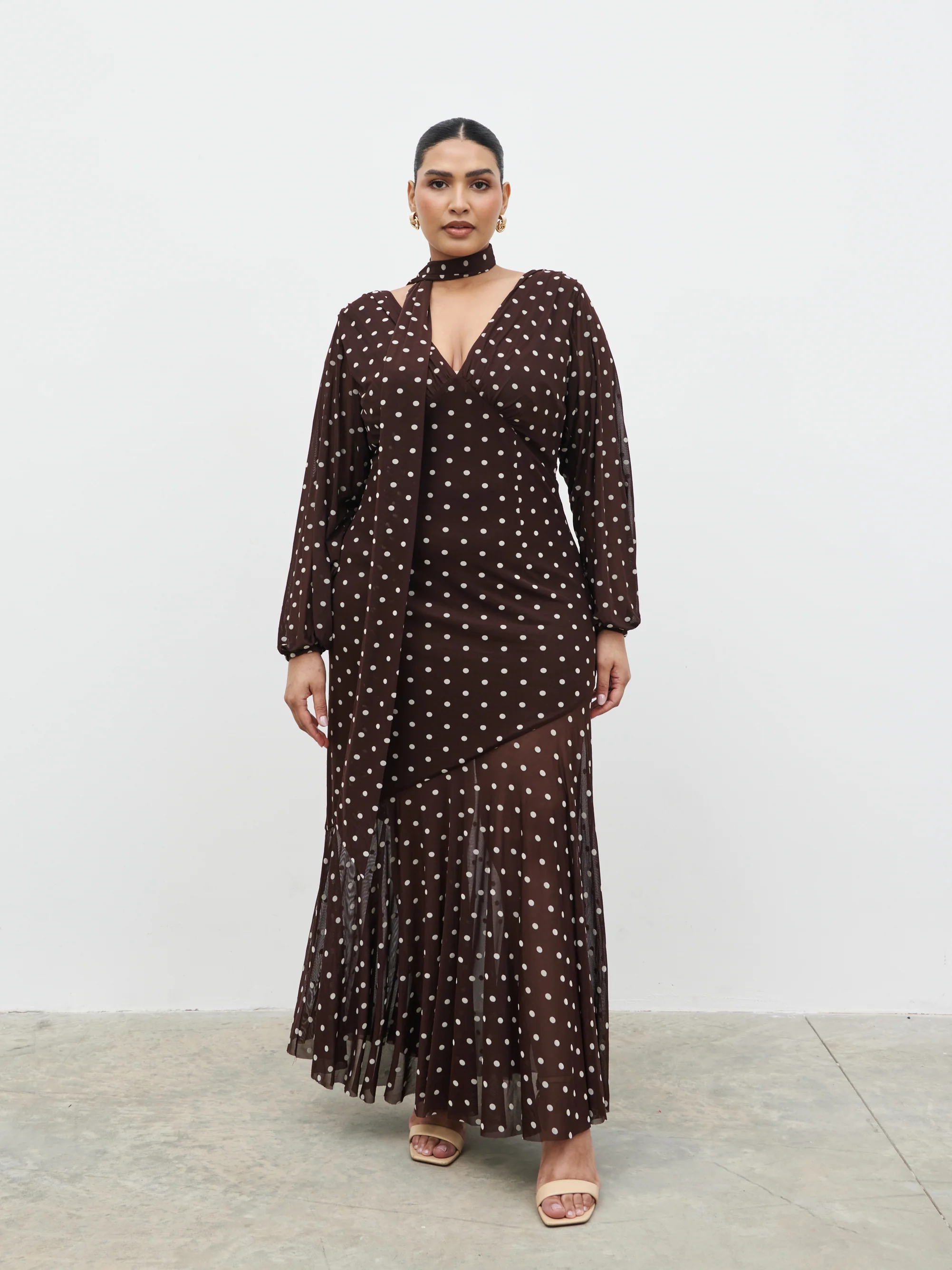 Petula Scarf Mesh Maxi Dress Curve - Brown and Cream Polkadot - Image 2
